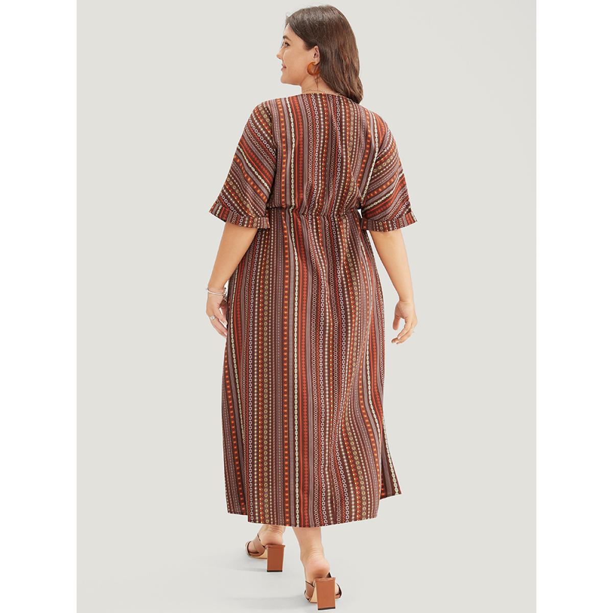 Plus Size Striped Geometric Dolman Sleeve Pocket Split Surplice Neck Ruffle Dress Brown Women Vacation Pocket Cold Shoulder Short sleeve Curvy Midi Dress BloomChic 22-24/3X Product Image