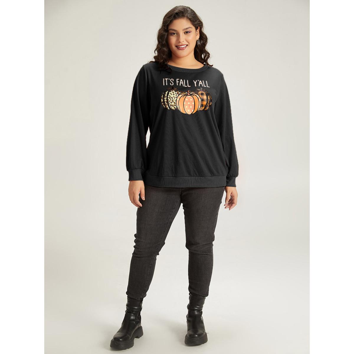 Plus Size Halloween Pumpkin Crew Neck Elastic Cuffs Sweatshirt Women Black Casual Elastic cuffs Festival-Halloween Sweatshirts BloomChic 10/M Product Image