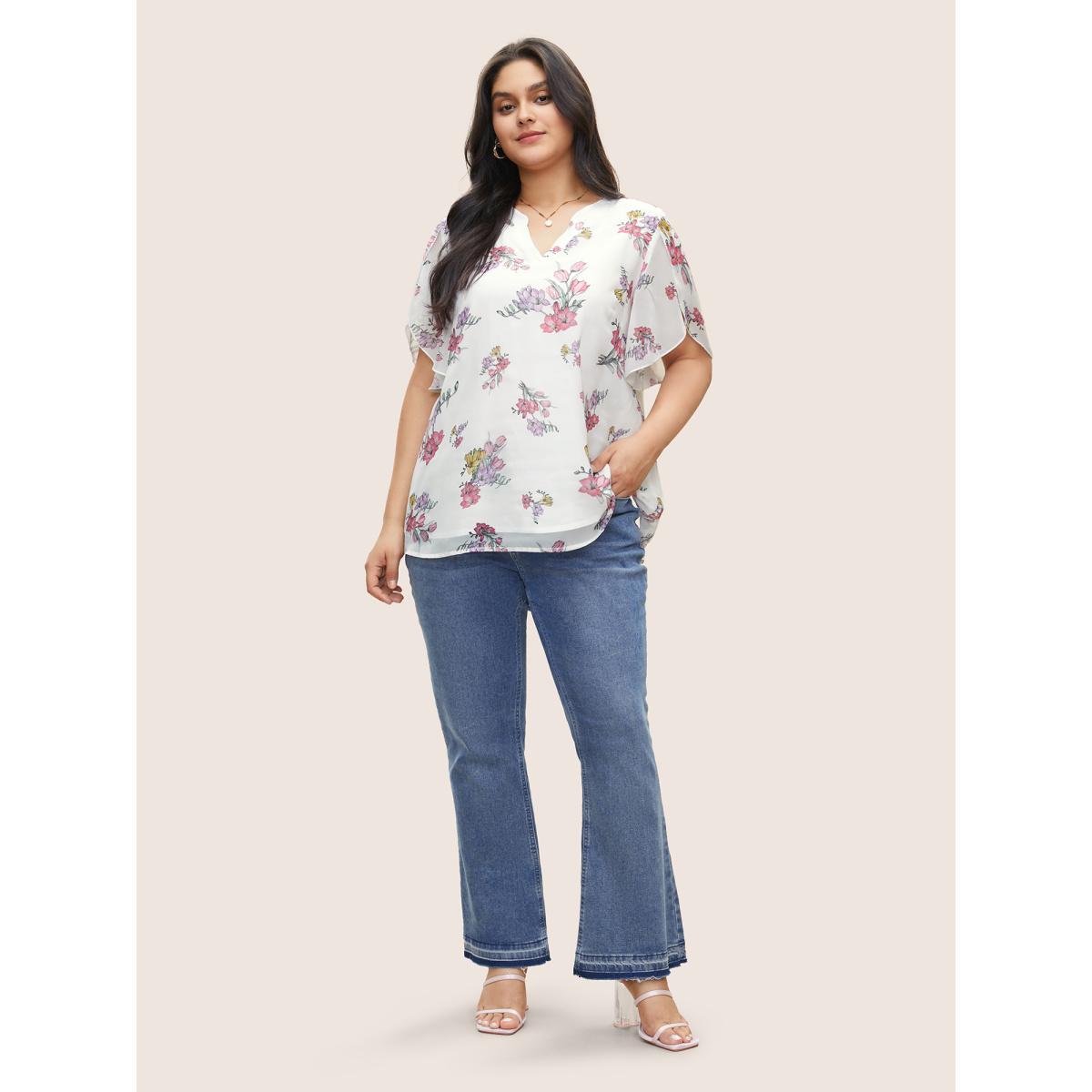 Plus Size White Floral Notched Mesh Petal Sleeve Blouse Women Elegant Everyday Blouses BloomChic 22-24/3X Product Image