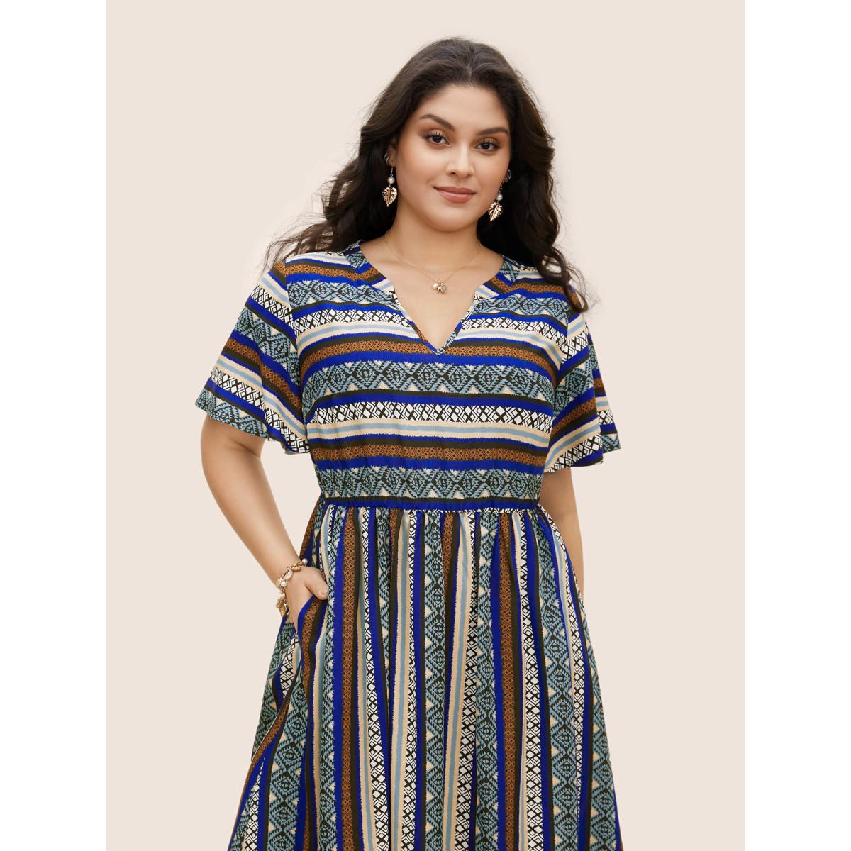 Plus Size Bandana Striped Curved Hem Ruffle Sleeve Dress Mediumblue Women Resort Gathered Notched collar Short sleeve Curvy BloomChic 10/M Product Image