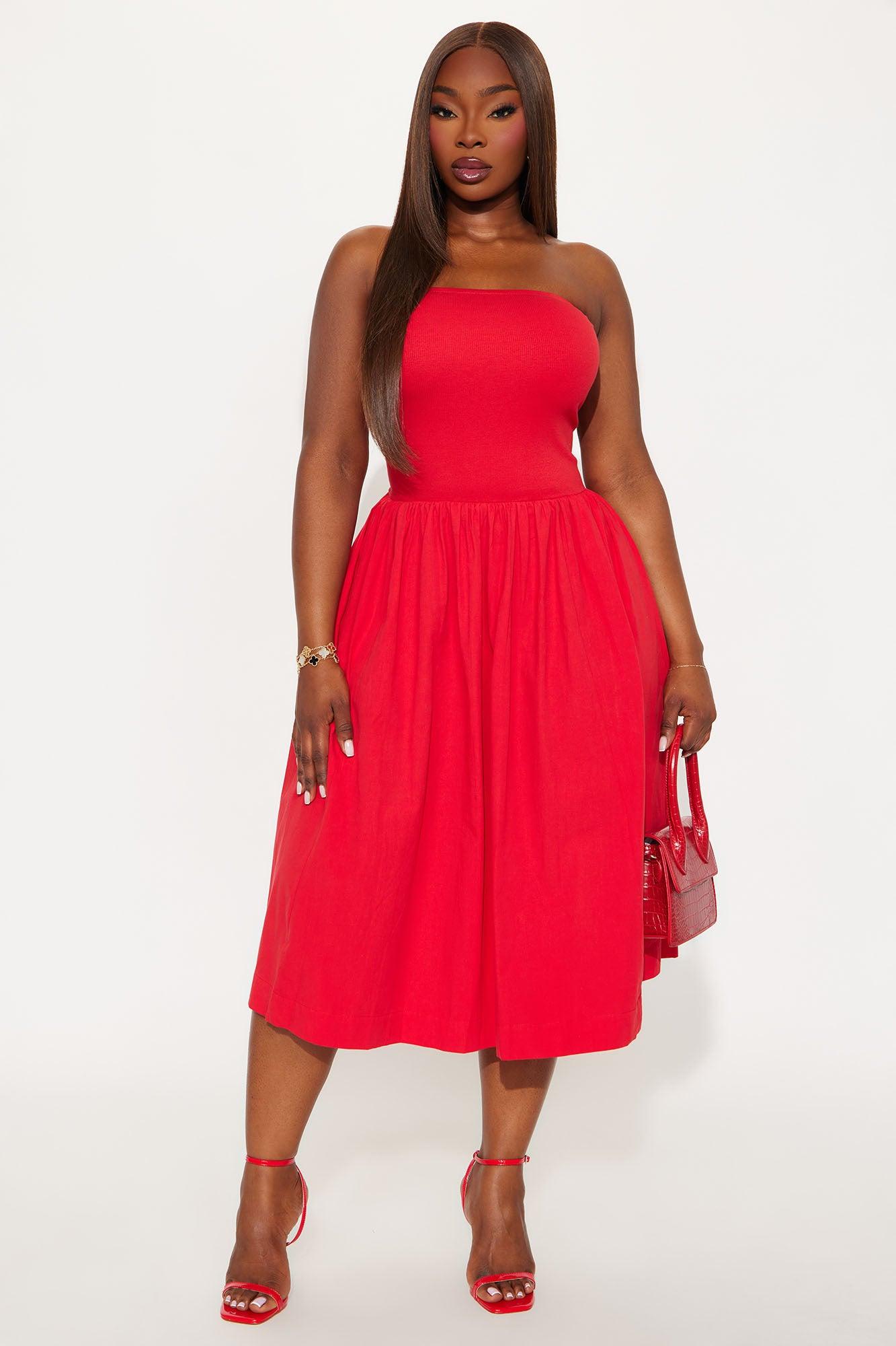 Lula Poplin Strapless Midi Dress - Tomato Red Product Image