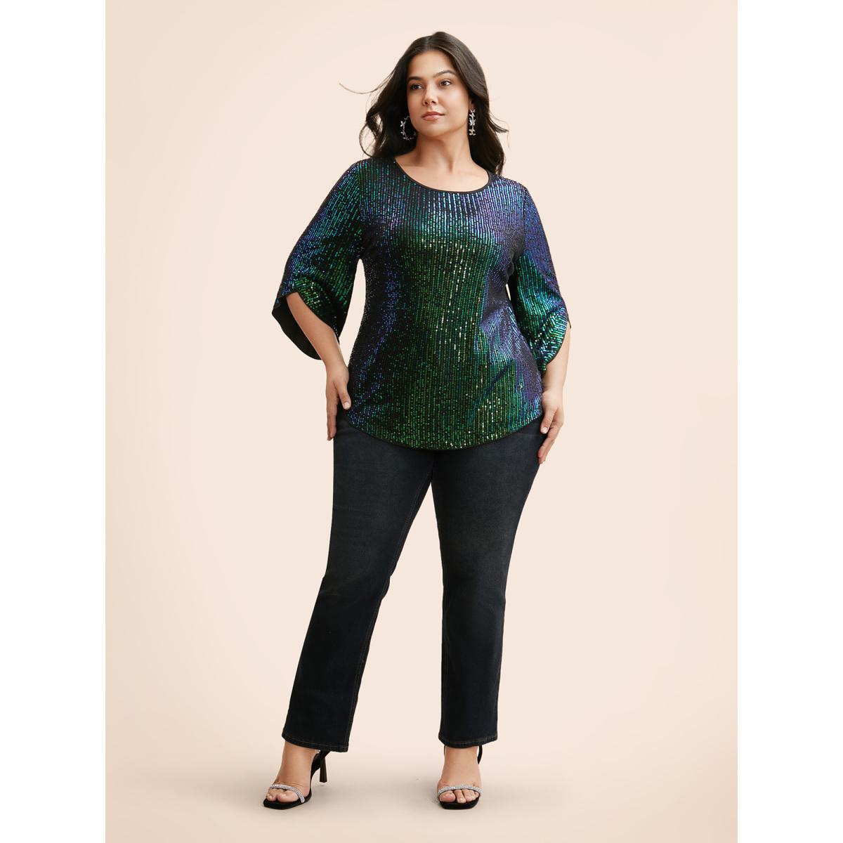 Plus Size DarkGreen Round Neck Sequin Bell Sleeve Blouse Women Cocktail Elbow-length sleeve Round Neck Party Blouses BloomChic 10/M Product Image