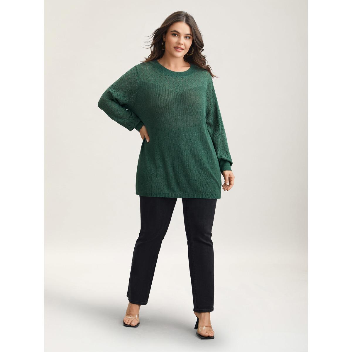 Plus Size Cut-Out Textured Ribbed Hem Pullover Truegreen Women Casual Loose Long Sleeve Round Neck Everyday Pullovers BloomChic 18-20/2X Product Image