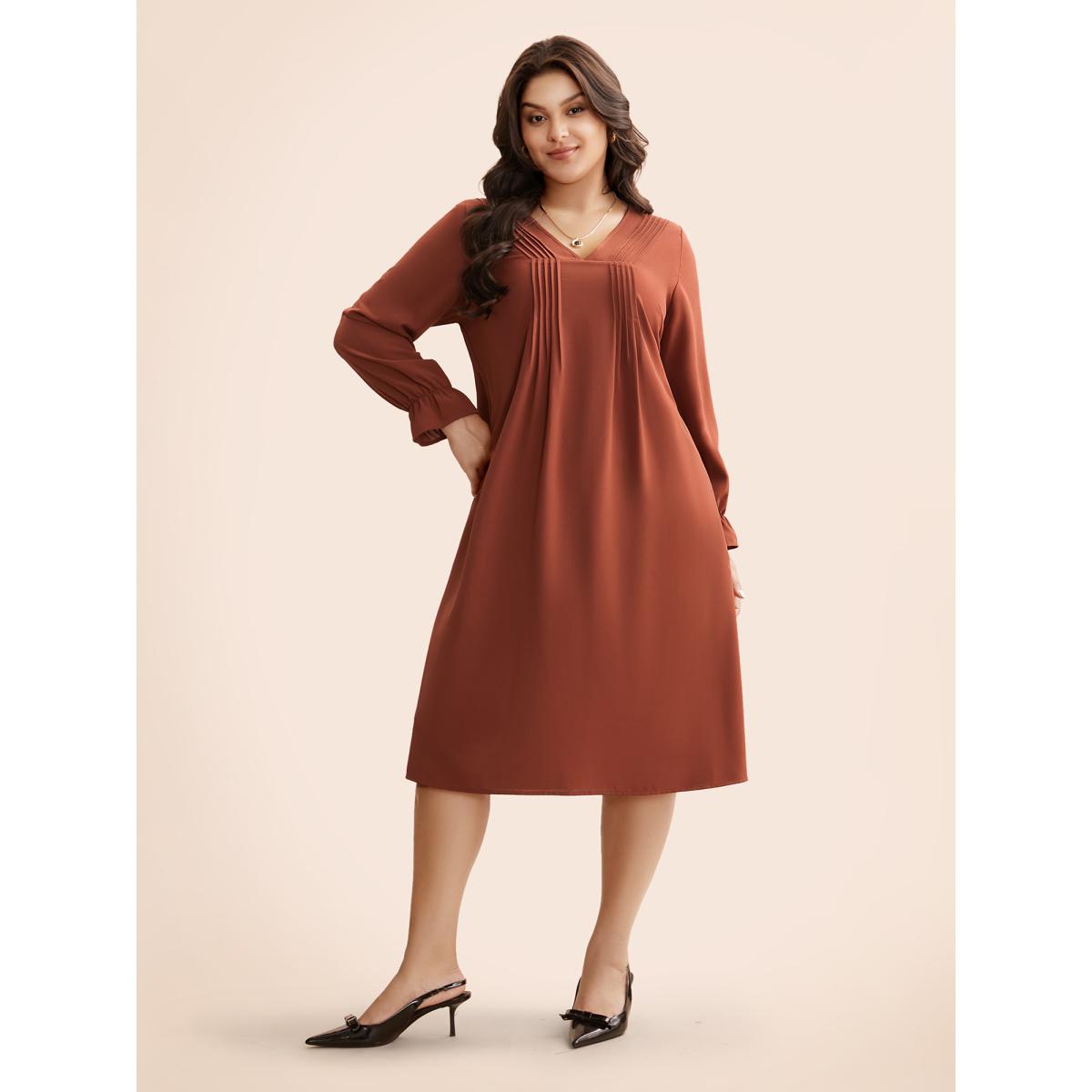 Plus Size V Neck Pleated Lantern Sleeve Dress Rust Women At the Office Tucked seam V-neck Long Sleeve Curvy BloomChic 30/6X Product Image