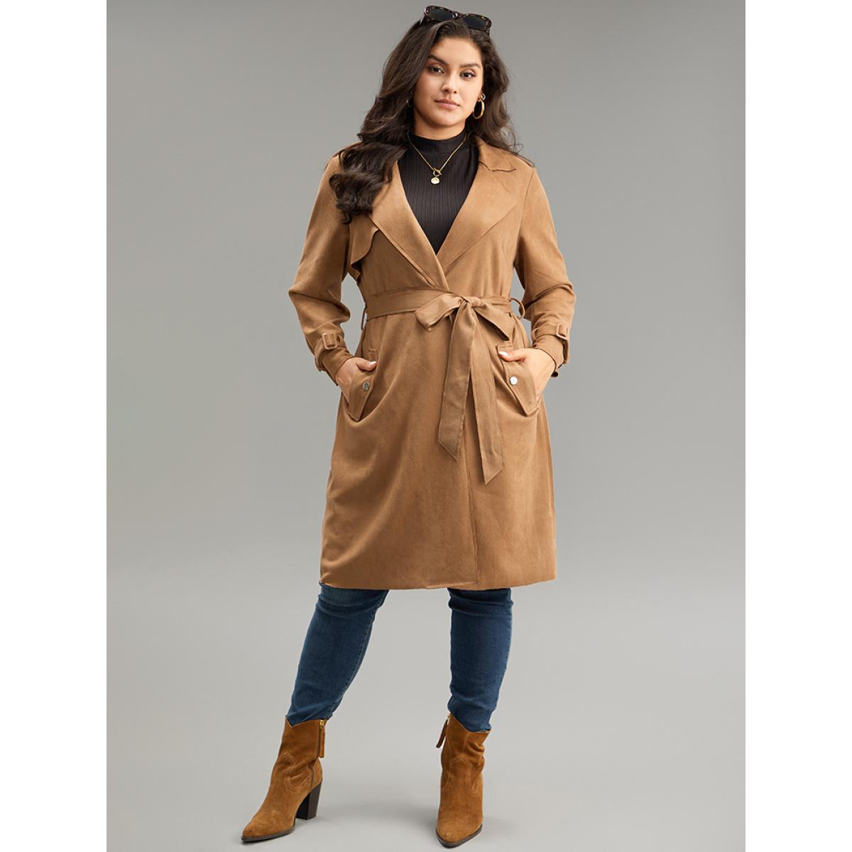 Plus Size Solid Button Detail Knot Belted Coat Women Chocolate Work From Home Plain Ladies Work Winter Coats BloomChic 18-20/2X Product Image