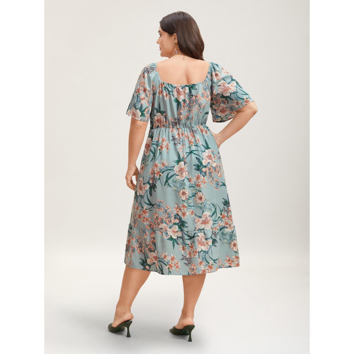 Plus Size Floral Print Flared Sleeve Pockets Midi Dress Mint Women Elegant Non Heart neckline Short sleeve Curvy BloomChic 14-16/1X Product Image