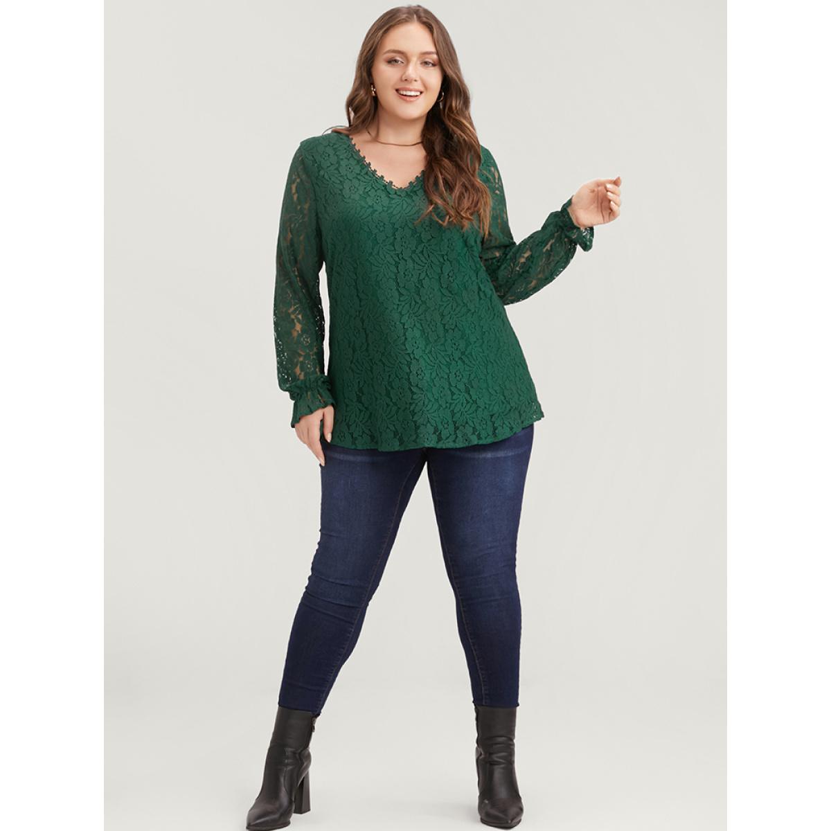 Plus Size Green Solid Crochet Lace V Neck Blouse Women Glamour Long Sleeve V-neck Going out Blouses BloomChic 26/4X Product Image