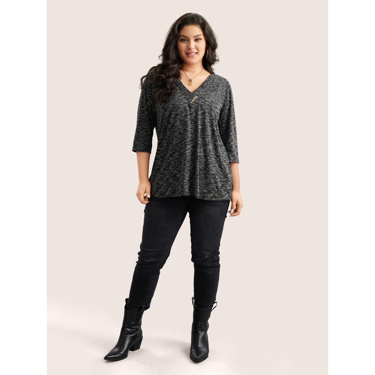 Plus Size Heather Pleated Button Detail T-shirt Black Women Leisure Pleated Plain V-neck Casual T-shirts BloomChic 28/5X Product Image