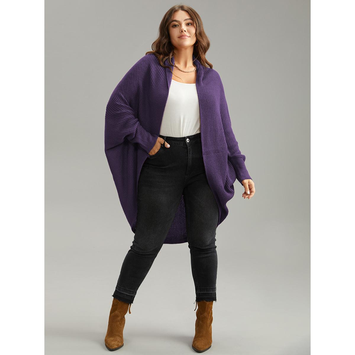 Plus Size Solid Dolman Sleeve Arc Hem Cardigan Eggplant Women Casual Loose Long Sleeve Dailywear Cardigans BloomChic 22-24/3X Product Image