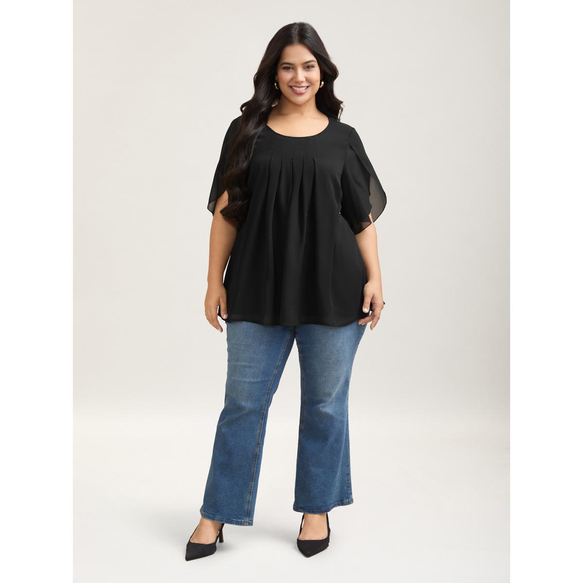 Plus Size Black Petal Sleeve Pleated Sheer Shirt Women Elegant Elbow-length sleeve Round Neck Everyday Blouses BloomChic 30/6X Product Image