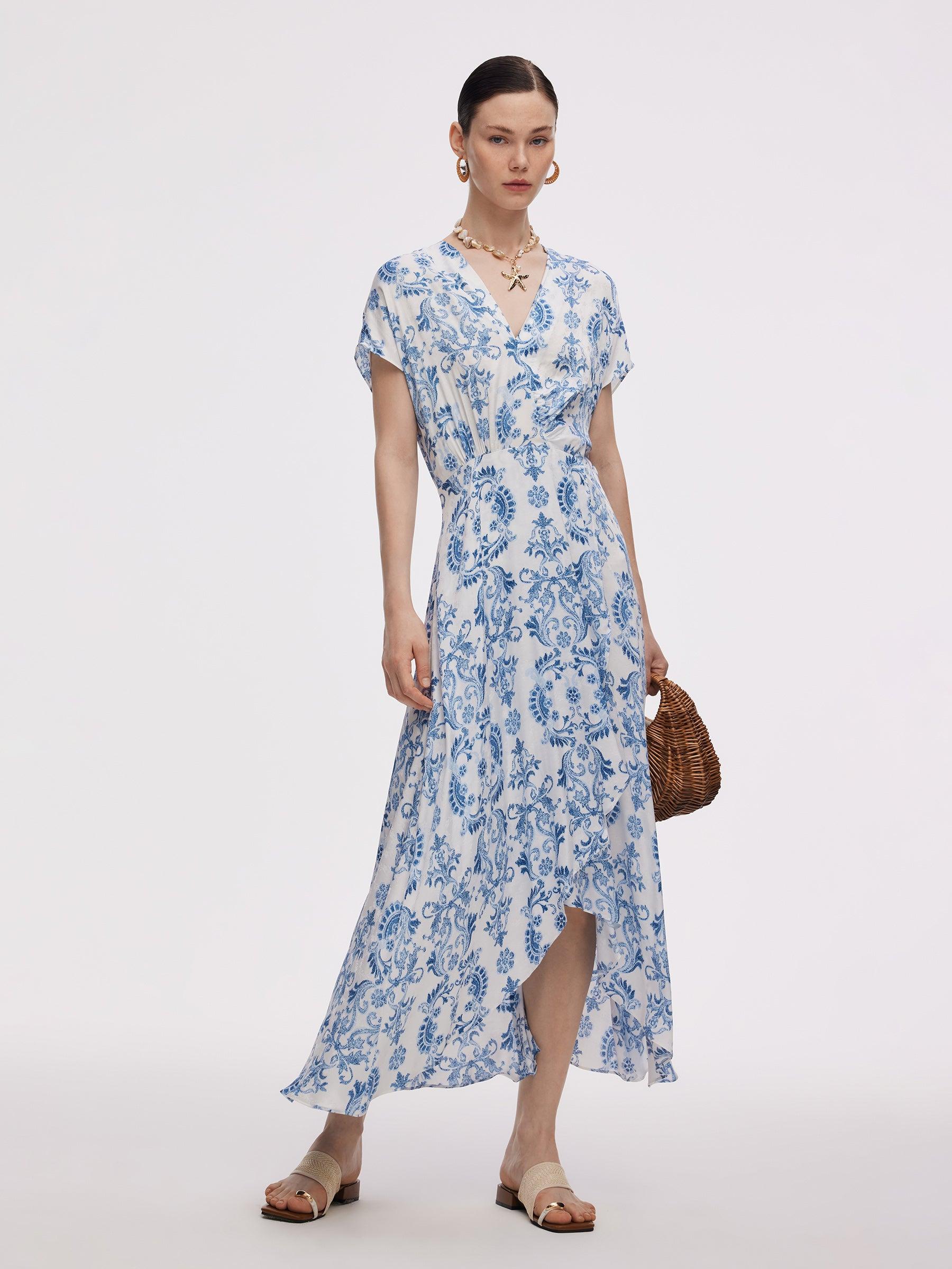 Floral Print Asymmetric Hem Women V-Neck Maxi Dress Product Image