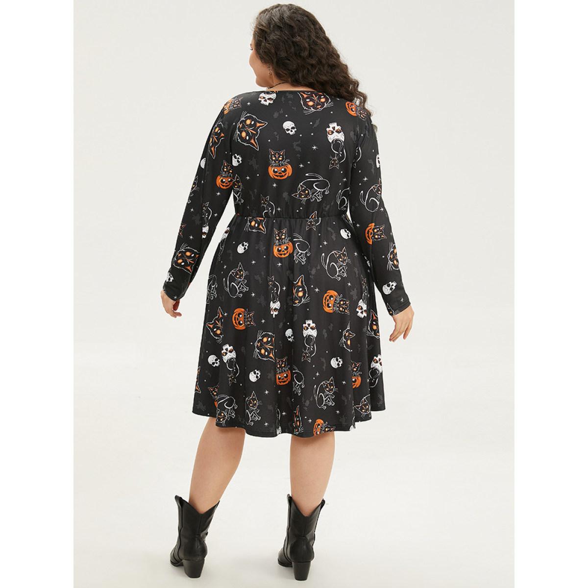 Plus Size Halloween Cat & Pumpkin Print Elastic Waist Dress Black Women Elegant Printed V-neck Long Sleeve Curvy Midi Dress BloomChic 18-20/2X Product Image
