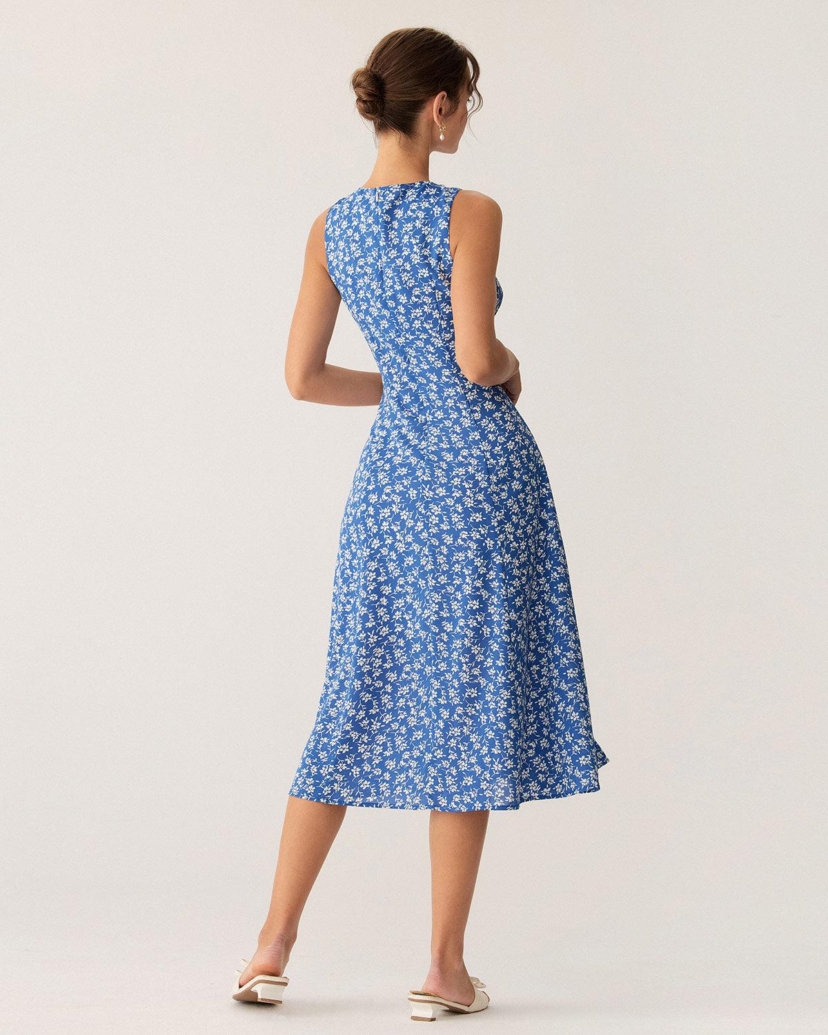 Blue Floral V Neck Sleeveless Midi Dress Product Image