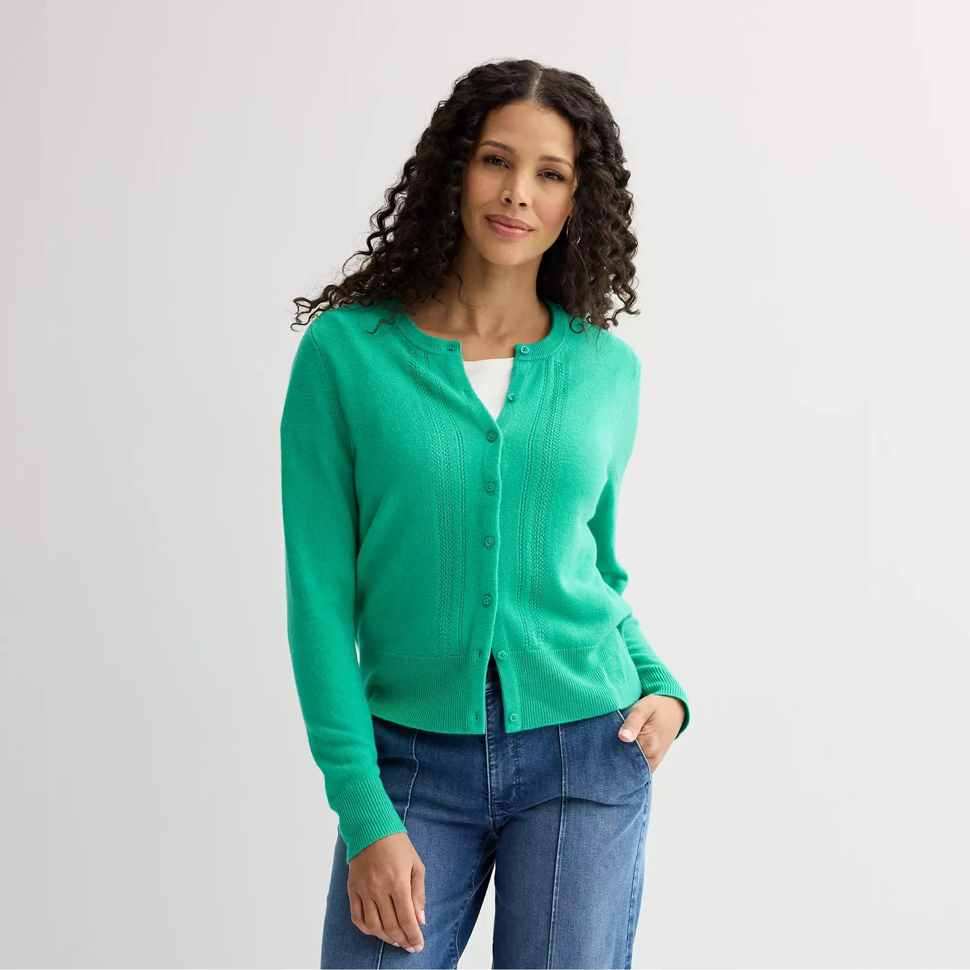 Petite Croft & Barrow® Extra Soft Classic Pointelle Cardigan, Women's, Size: XXL Petite, Greenway Product Image