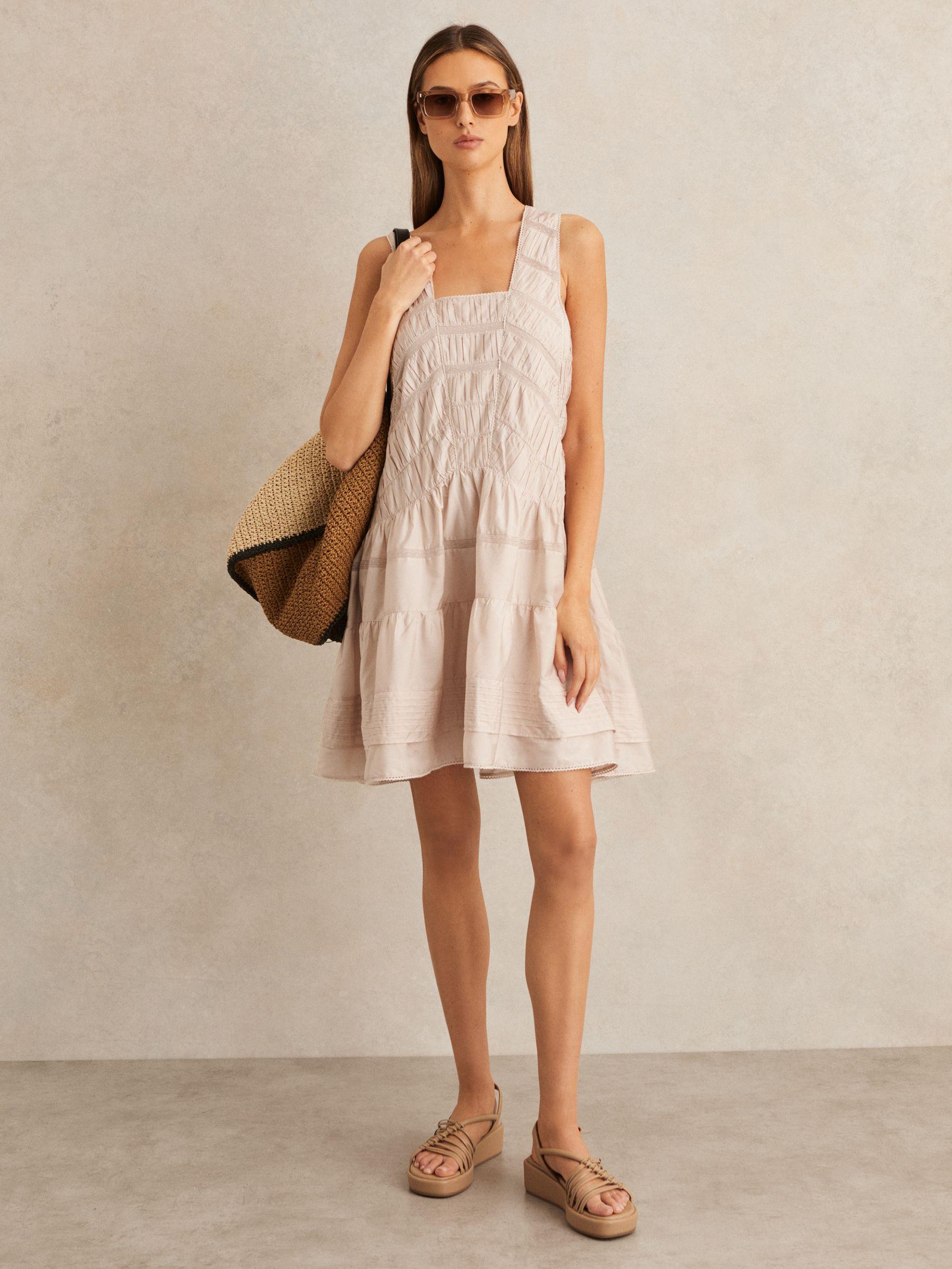 Shirred Ruffle Hem Mini Dress in Neutral Product Image