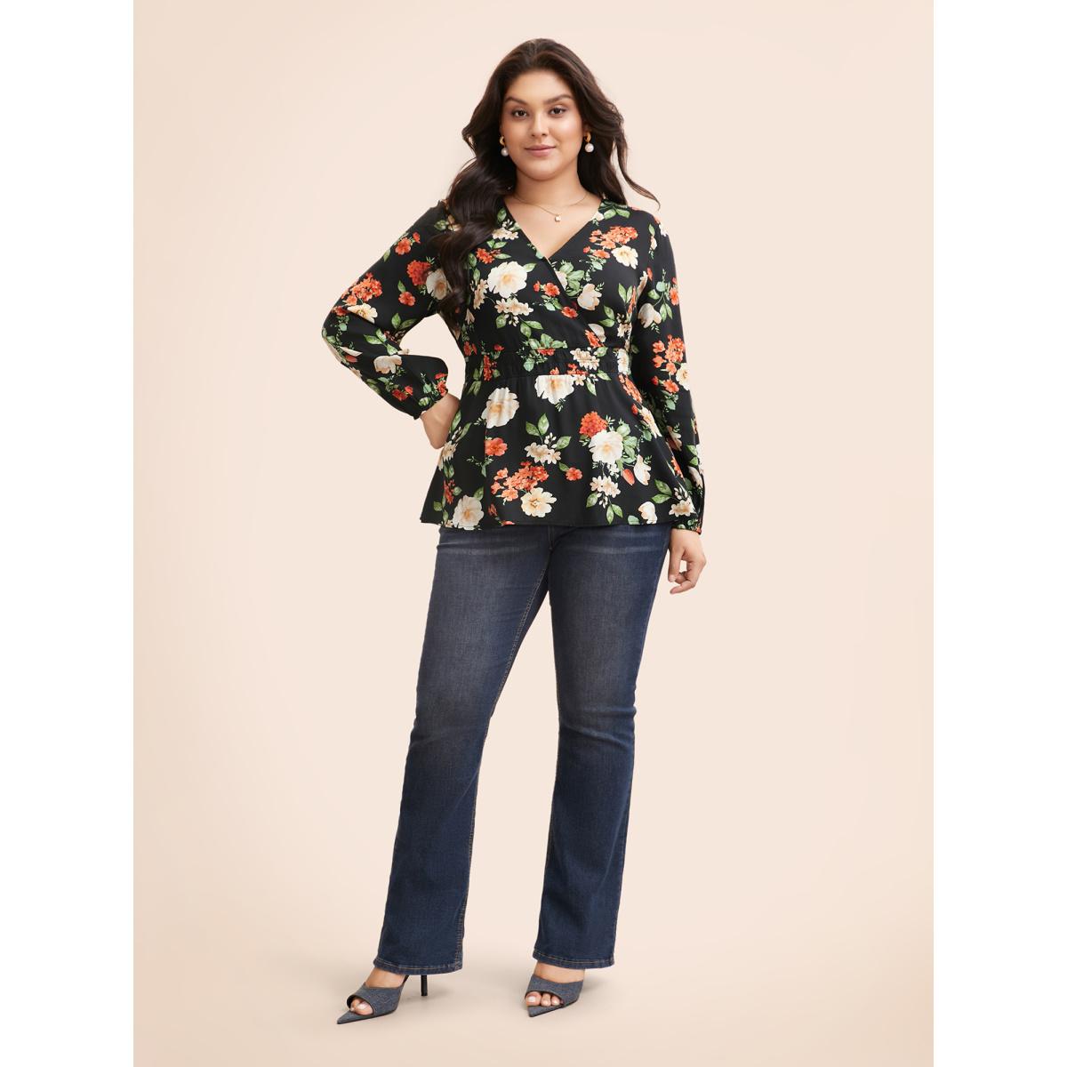 Plus Size Black Floral Elastic Waist Lantern Sleeve Blouse Women Elegant Long Sleeve V-neck Everyday Blouses BloomChic 22-24/3X Product Image
