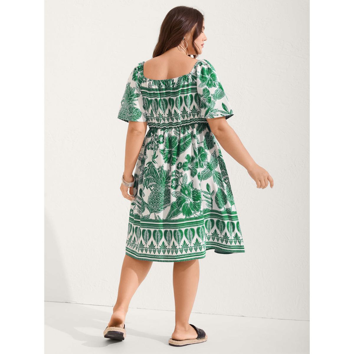 Plus Size Boho Print Fit Flare Pockets Midi Dress DarkBlue Women Resort Non Heart neckline Short sleeve Curvy BloomChic 30/6X Product Image