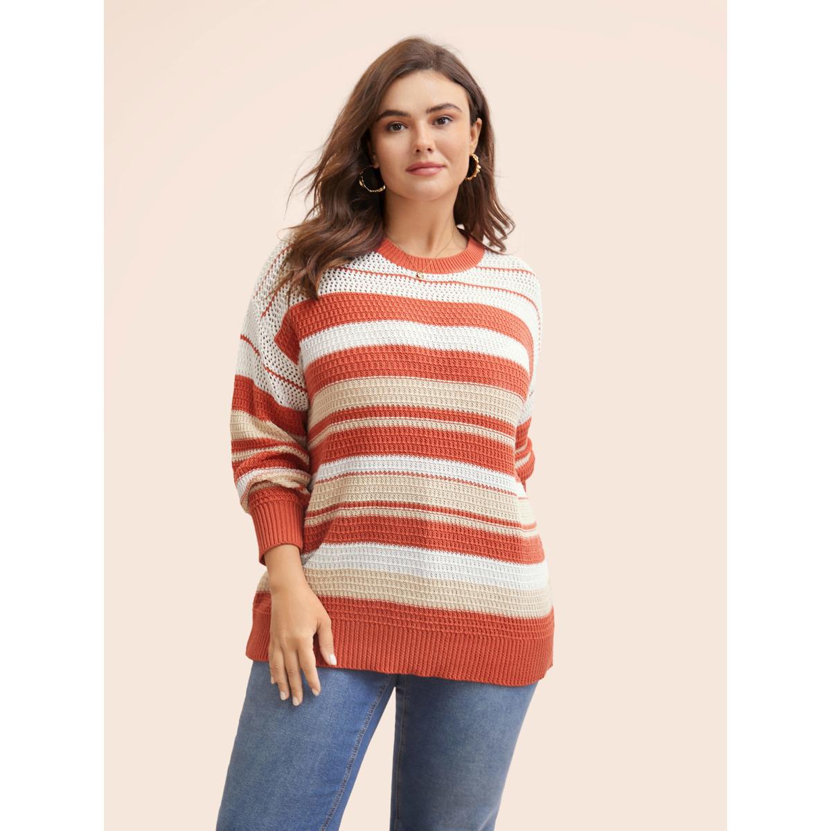 Plus Size Striped Contrast Cut Out Drop Shoulder Pullover Rust Women Playful Long Sleeve Round Neck Casual Pullovers BloomChic 14-16/1X Product Image