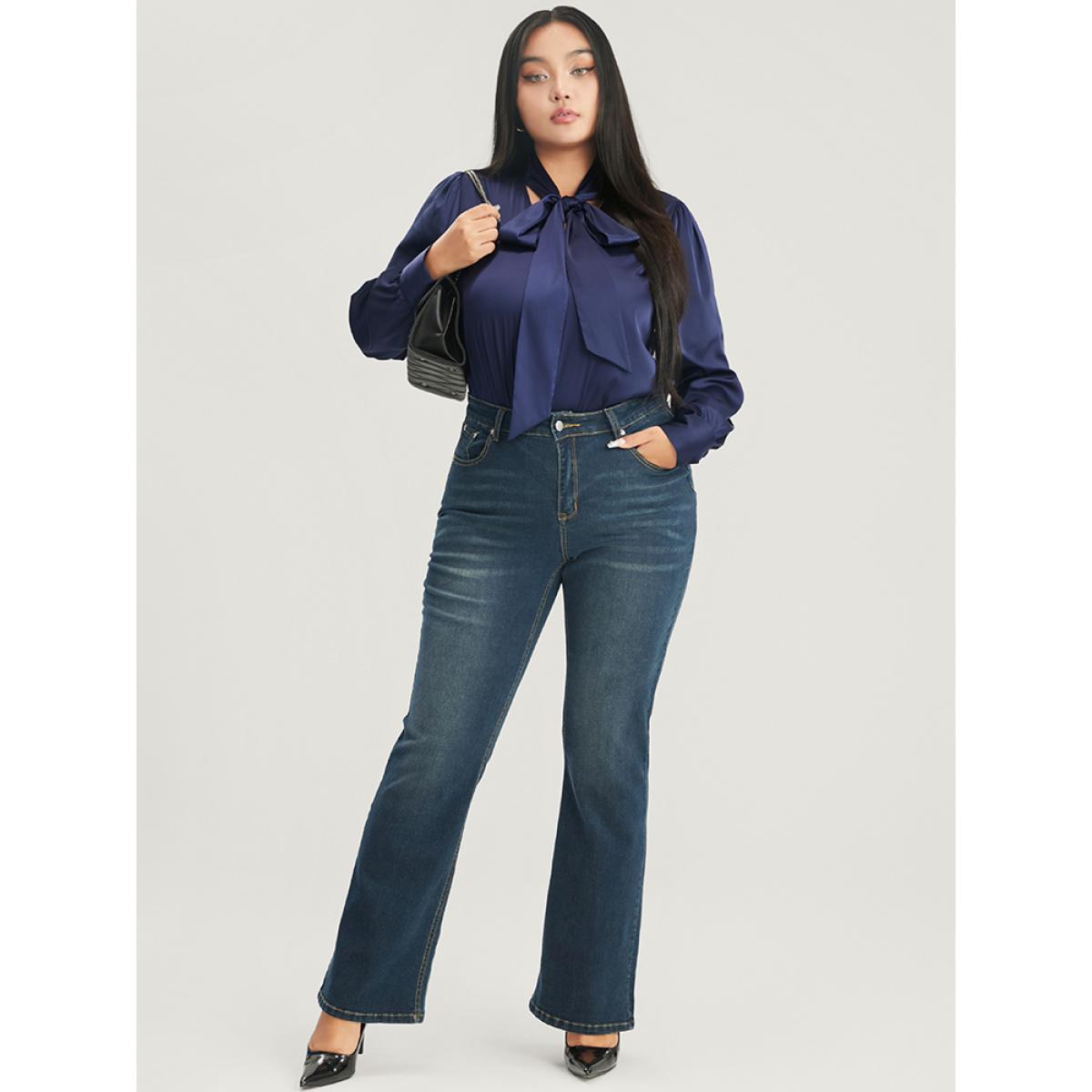 Plus Size Indigo Solid Knotted V Neck Satin Blouse Women Office Long Sleeve Tie Neck Office Blouses BloomChic 12/L Product Image