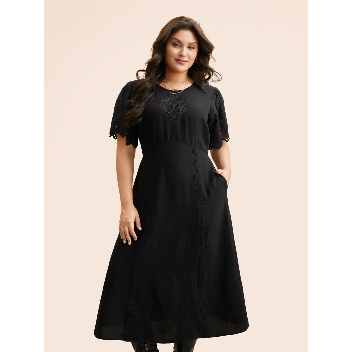 Plus Size Broderie Anglaise Woven Ribbon Midi Dress Black Women Elegant Woven ribbon&lace trim Round Neck Short sleeve Curvy BloomChic 12/L Product Image