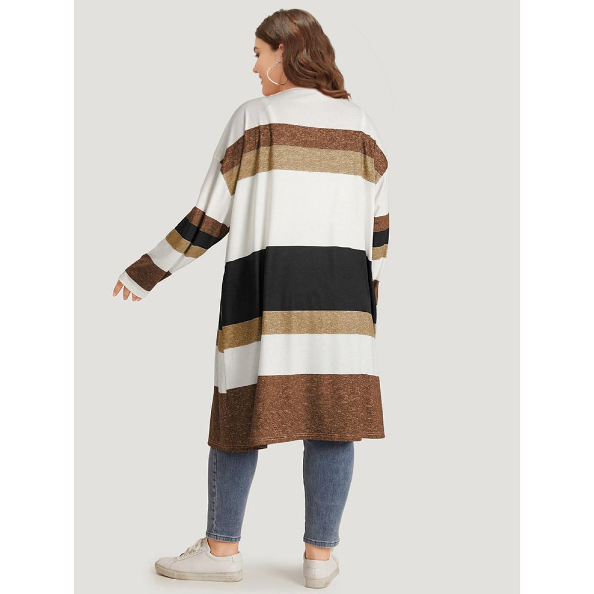 Plus Size Striped Contrast Pocket Open Front Kimono Women DarkBrown Casual Contrast Loose Pocket Everyday Kimonos BloomChic 28/5X Product Image