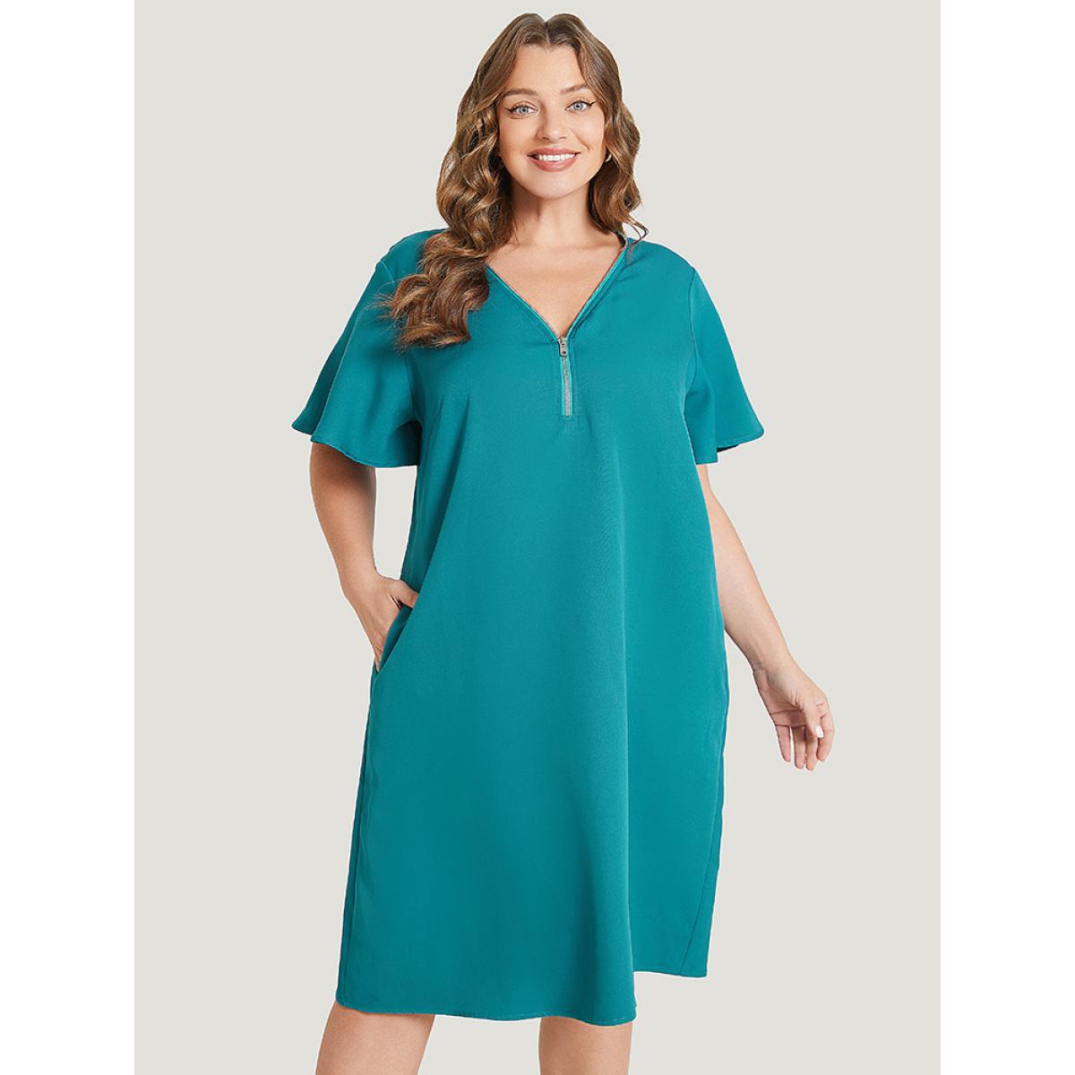 Plus Size Solid Ruffle Sleeve Half Zipper Pocket Dress Aegean Women Elegant Plain V-neck Short sleeve Curvy Knee Dress BloomChic 18-20/2X Product Image