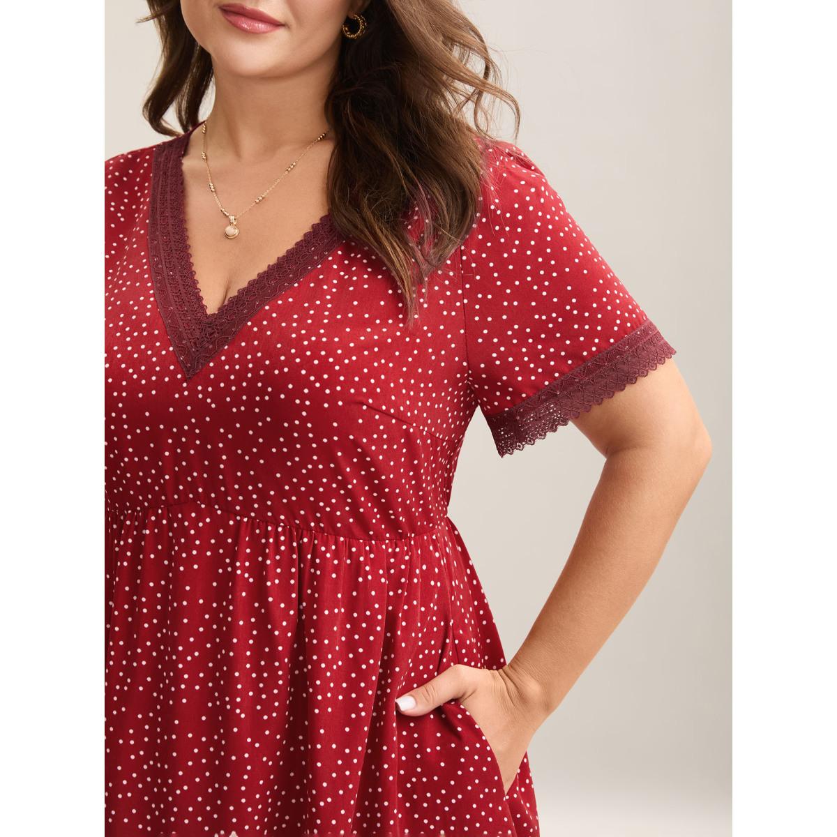 Plus Size Polka Dots Lace Waist-Cinched Midi Dress Scarlet Women V-neck Short sleeve Curvy BloomChic 12/L Product Image