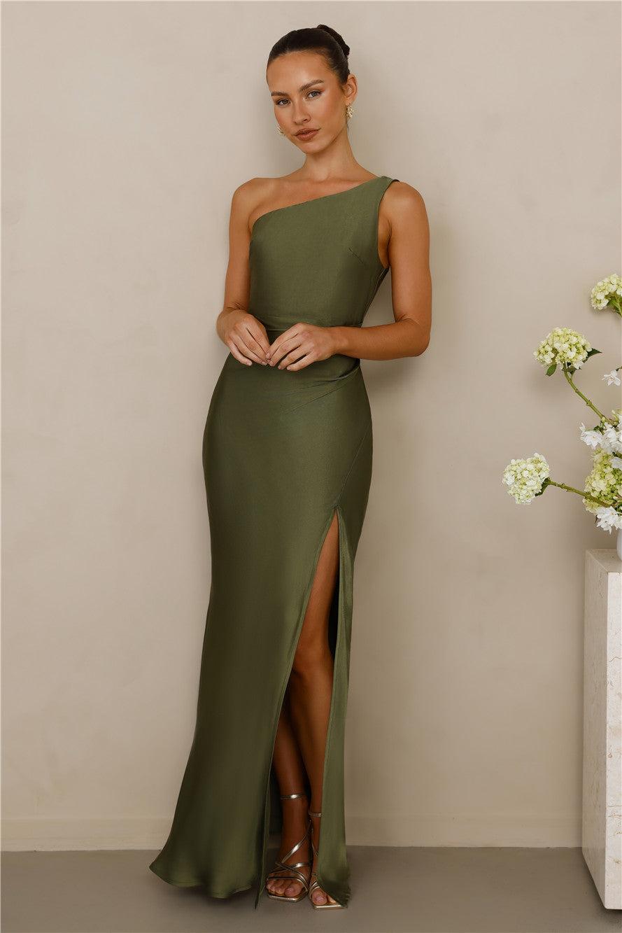 The Aurora One Shoulder Satin Maxi Dress Olive Product Image