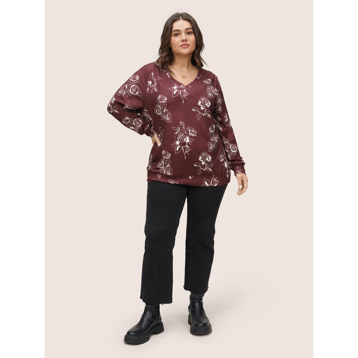 Plus Size Silhouette Floral Rose Print V Neck Sweatshirt Women Burgundy Casual Non V-neck Everyday Sweatshirts BloomChic 14-16/1X Product Image