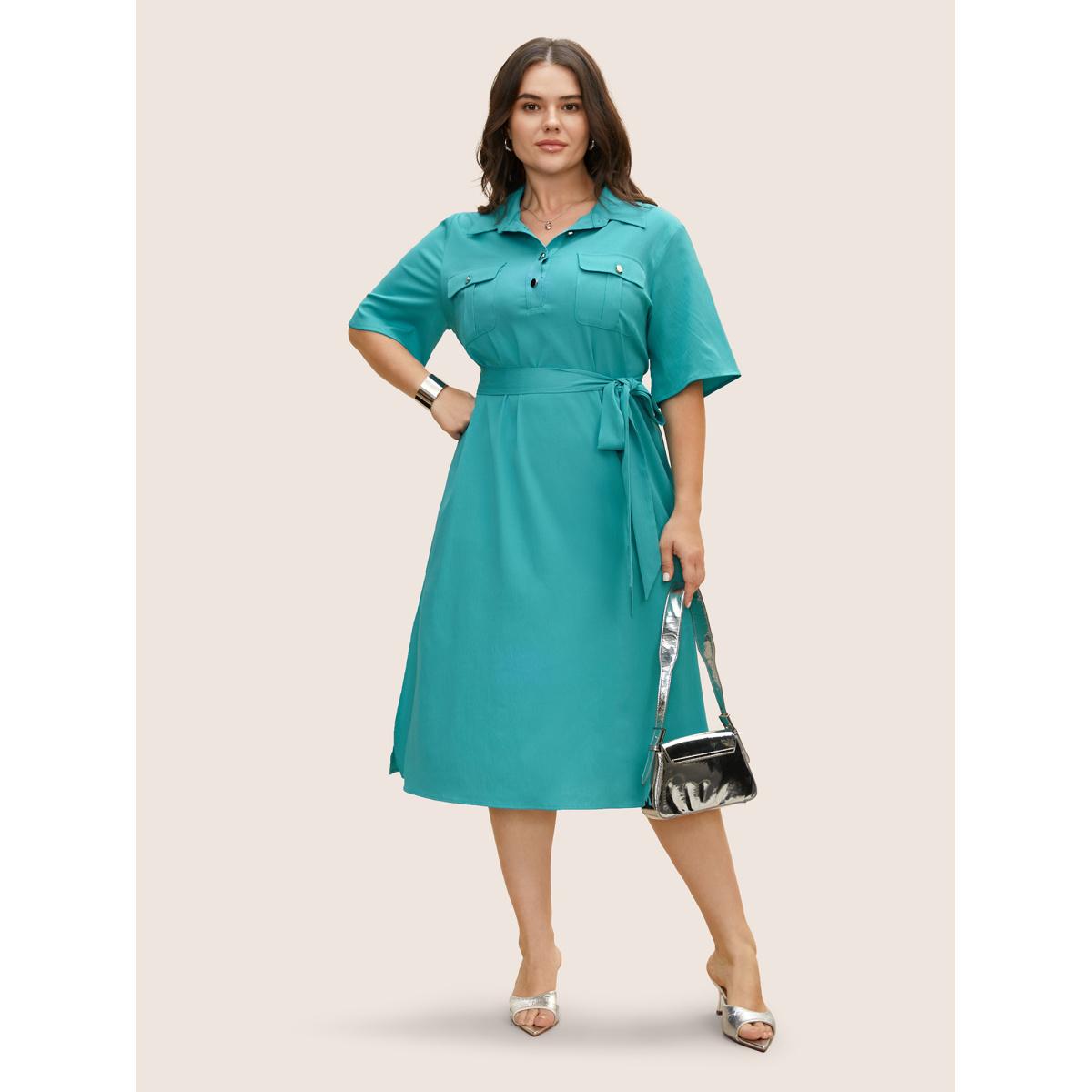 Plus Size Shirt Collar Solid Flap Pocket Split Hem Dress Turquoise Women At the Office Belted Shirt collar Half Sleeve Curvy BloomChic 18-20/2X Product Image