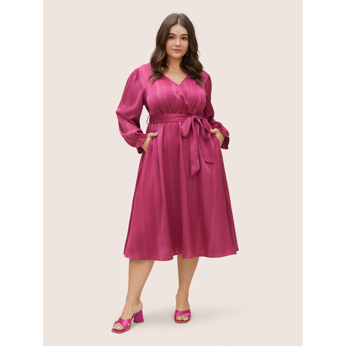 Plus Size Striped Elastic Waist Wrap Belted Gathered Dress RedViolet Women Elegant Non Overlap Collar Long Sleeve Curvy Midi Dress BloomChic 12/L Product Image