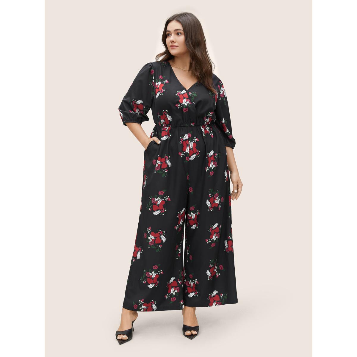 Plus Size Black Floral Elastic Waist Overlap Collar Gathered Jumpsuit Women Elegant Elbow-length sleeve Overlap Collar Everyday Loose Jumpsuits BloomChic 12/L Product Image