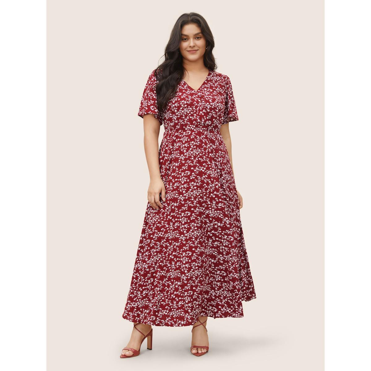 Plus Size Bloom Dress - Flutter Sleeve Ditsy Floral Pocket Split Maxi Dress LightGreen Women Romantic Slit V-neck Half Sleeve Curvy Long Dress BloomChic 10/M Product Image
