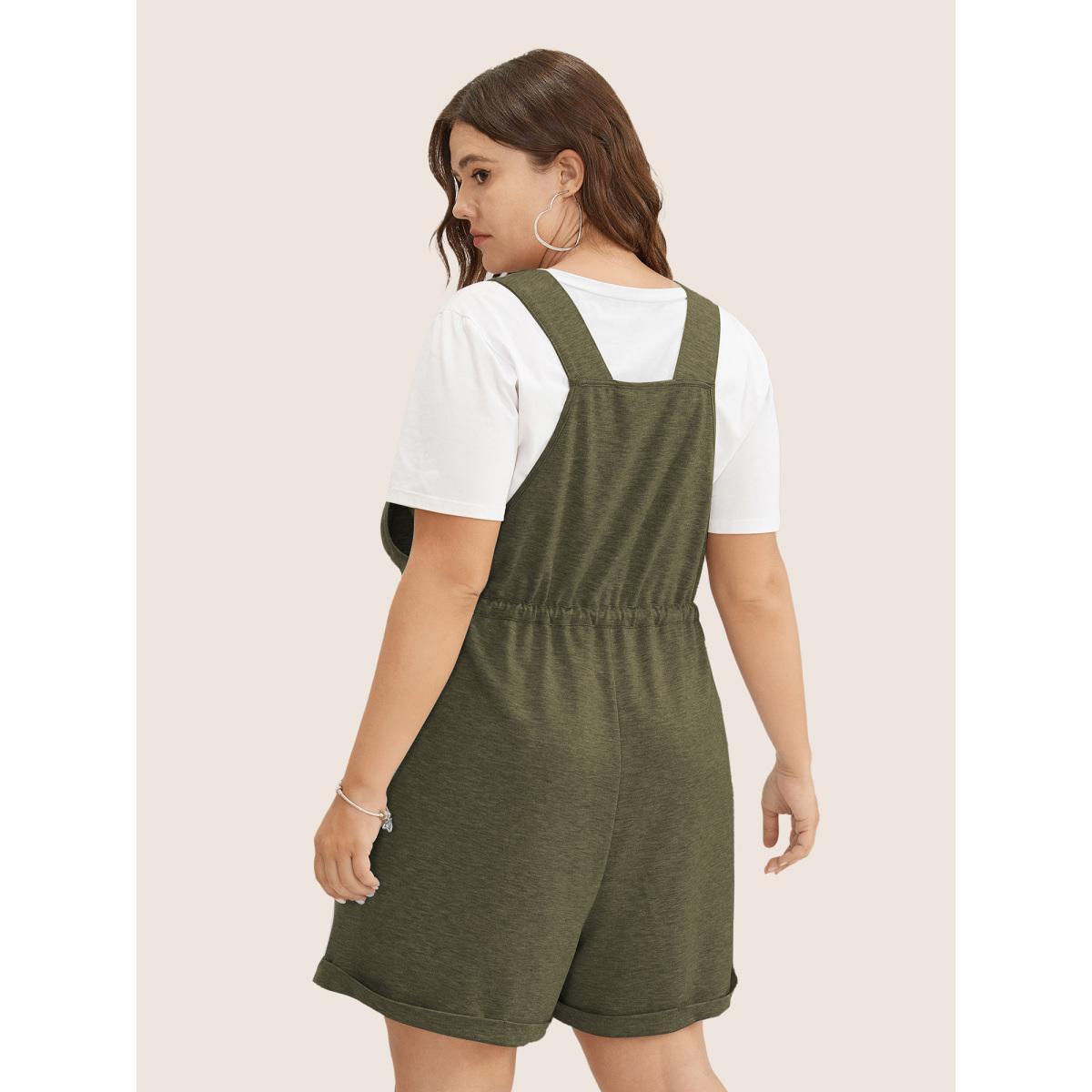 Plus Size ArmyGreen Solid Pocket Drawstring Overall Romper Women Casual Sleeveless Non Everyday Loose Jumpsuits BloomChic 30/6X Product Image