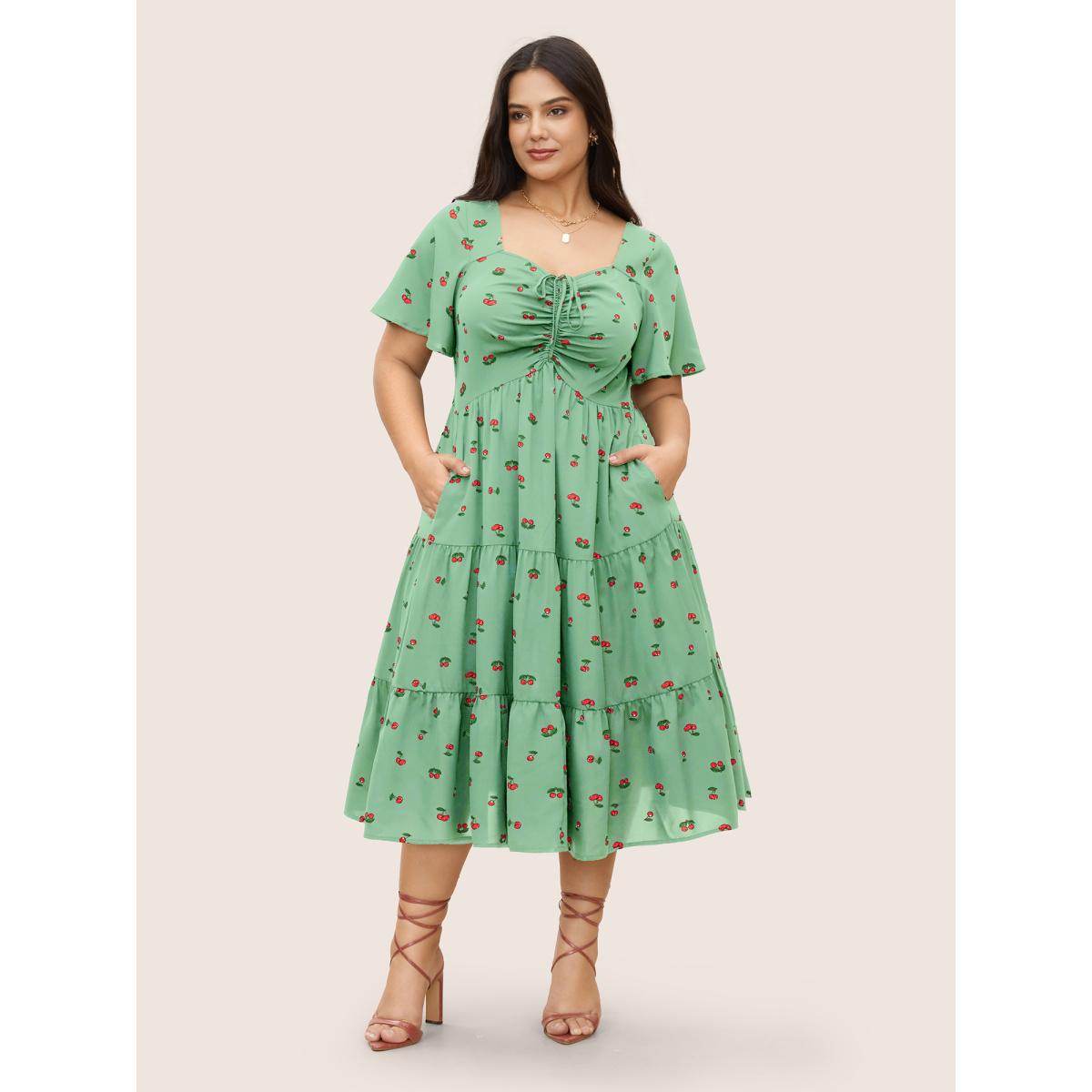 Plus Size Citrus Fruit Print Heart Neckline Drawstring Pleated Dress Palemauve Women Elegant Pleated Heart neckline Short sleeve Curvy Midi Dress BloomChic 30/6X Product Image