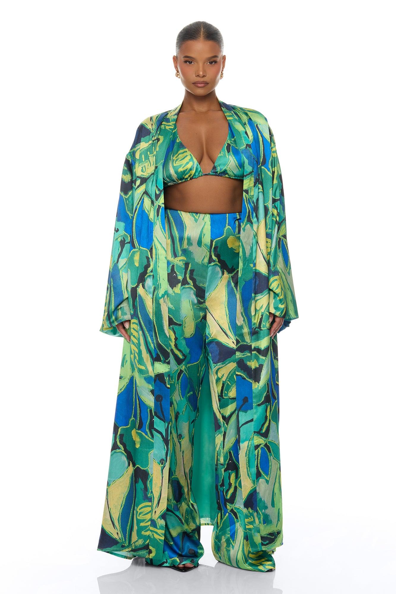 Pure Luxury 3 Piece Satin Kimono Set - Green/combo Female Product Image