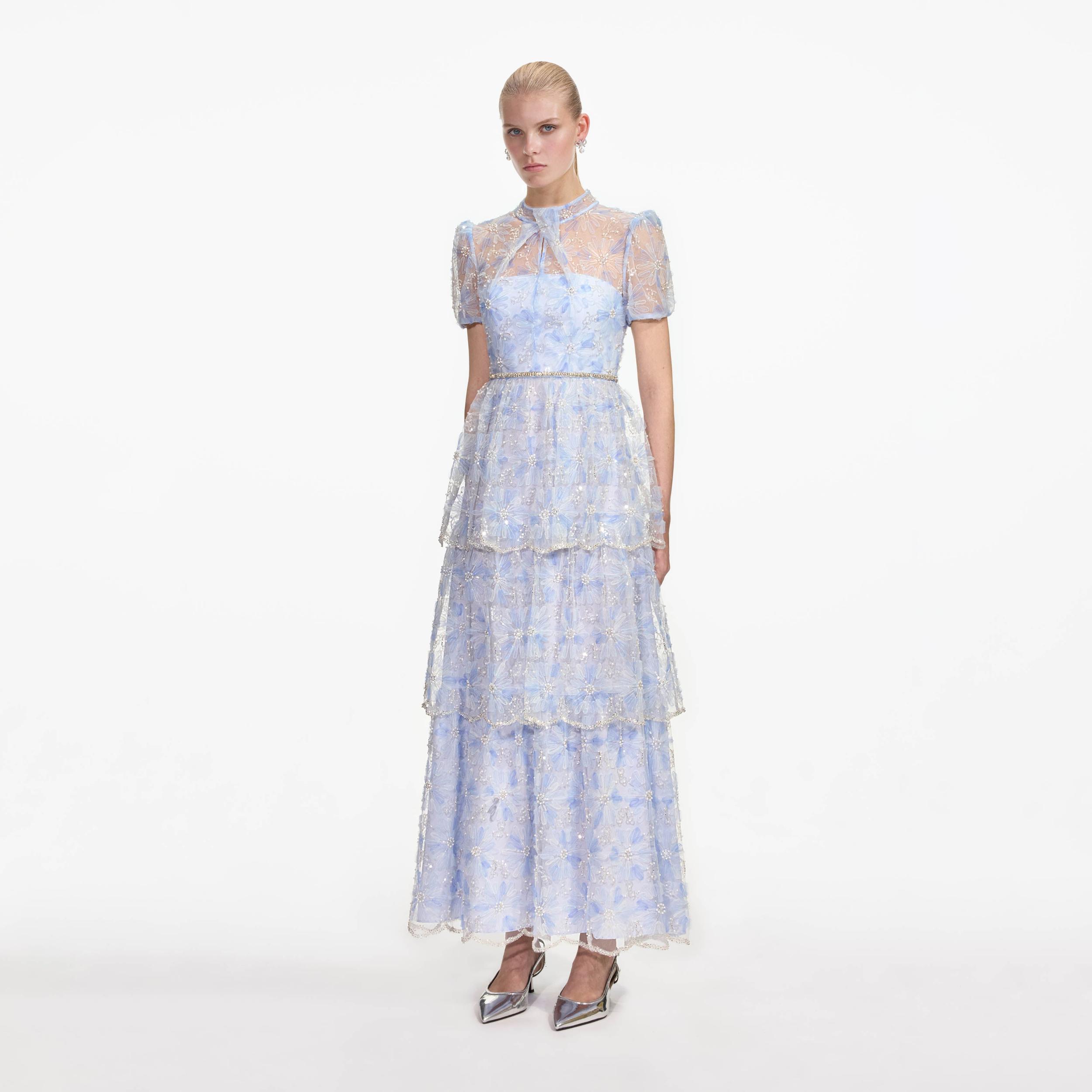 Blue Beaded Sequin Lace Maxi Dress Product Image