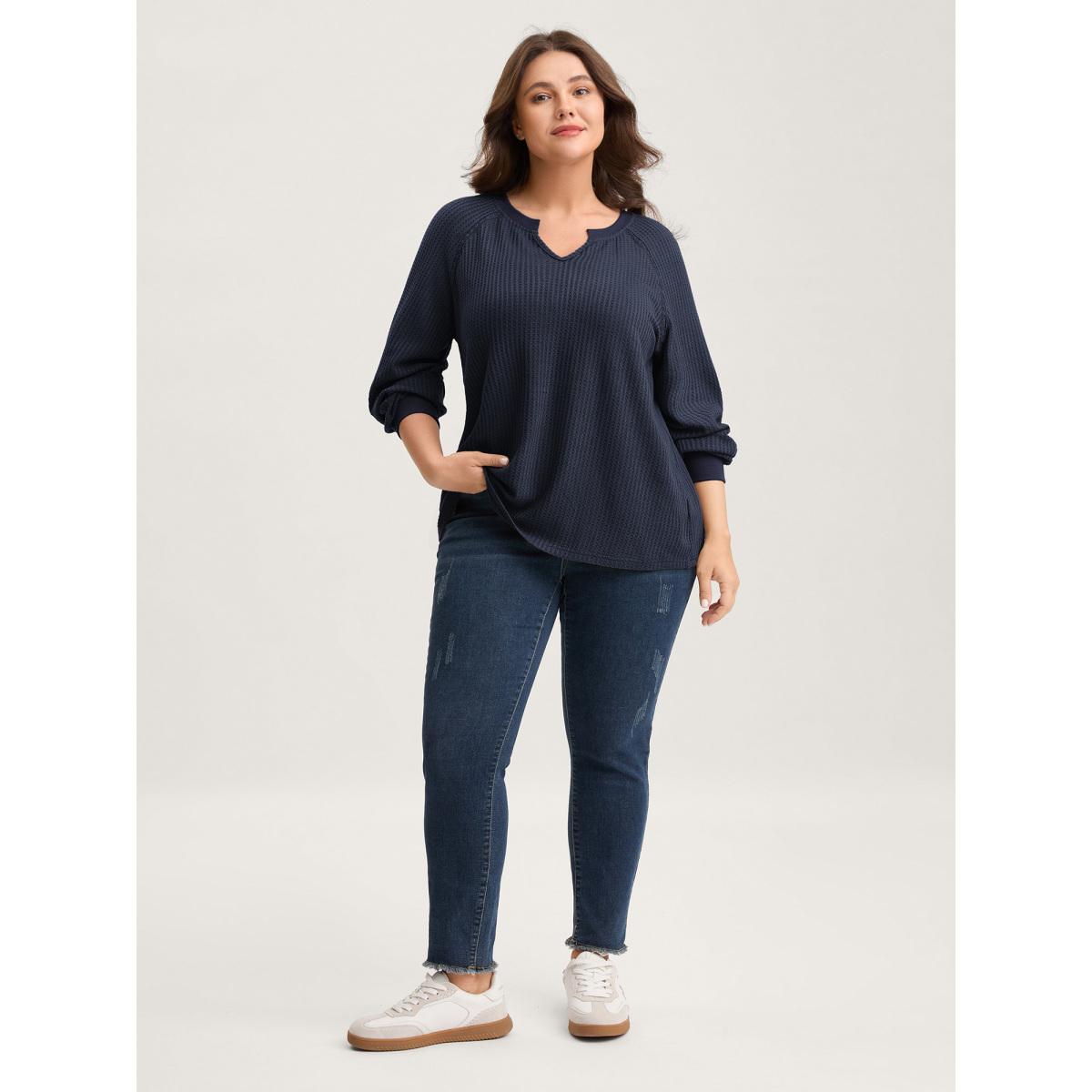 Plus Size Waffle Grid Notched Collar Lace Sweatshirt Women Black Leisure Woven ribbon&lace trim Flat collar with V-notch Casual Sweatshirts BloomChic 12/L Product Image