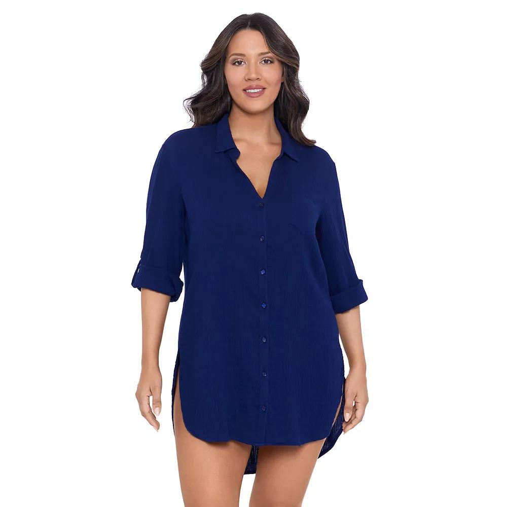 Women's Trimshaper Solid Button Down Swim Cover Up Shirt,  Product Image