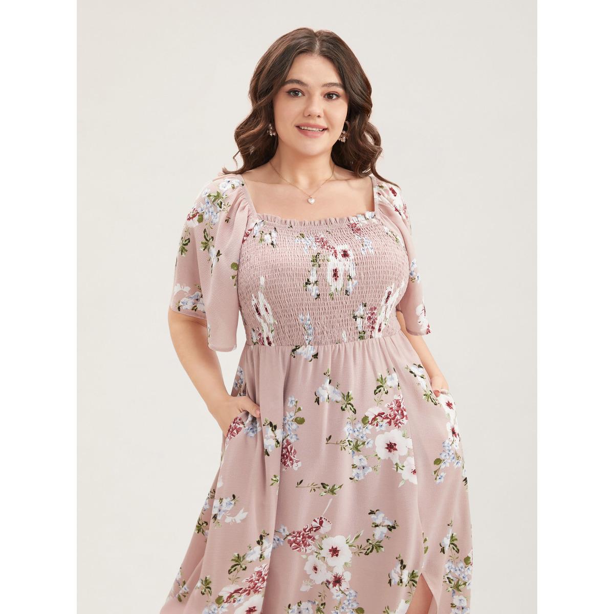 Plus Size Floral Square Neck Ruffles Pocket Shirred Split Dress DustyPink Women Romantic Non Square Neck Short sleeve Curvy BloomChic 30/6X Product Image