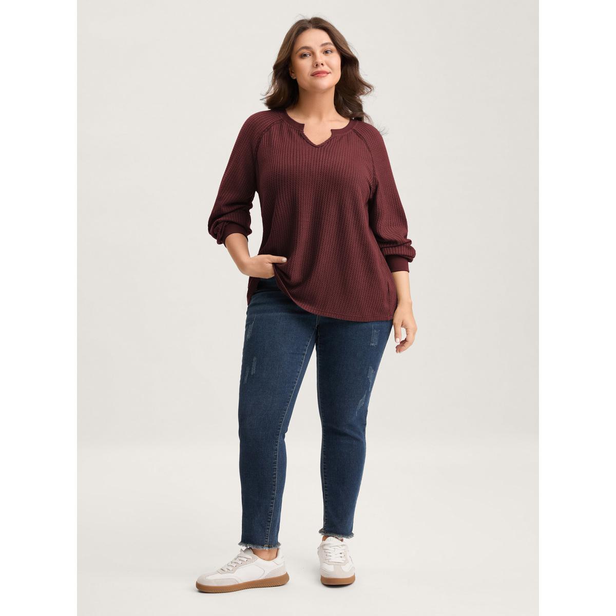 Plus Size Waffle Grid Notched Collar Lace Sweatshirt Women Black Leisure Woven ribbon&lace trim Flat collar with V-notch Casual Sweatshirts BloomChic 12/L Product Image