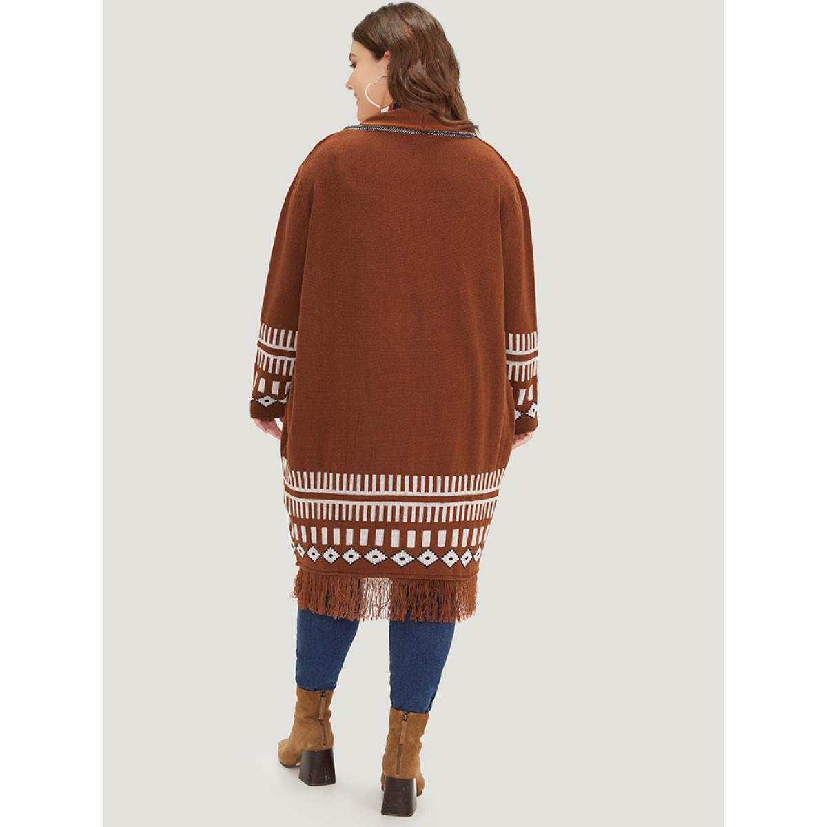 Plus Size Geometric Tassel Trim Open Front Cardigan Maroon Women Casual Loose Long Sleeve Dailywear Cardigans BloomChic 14-16/1X Product Image