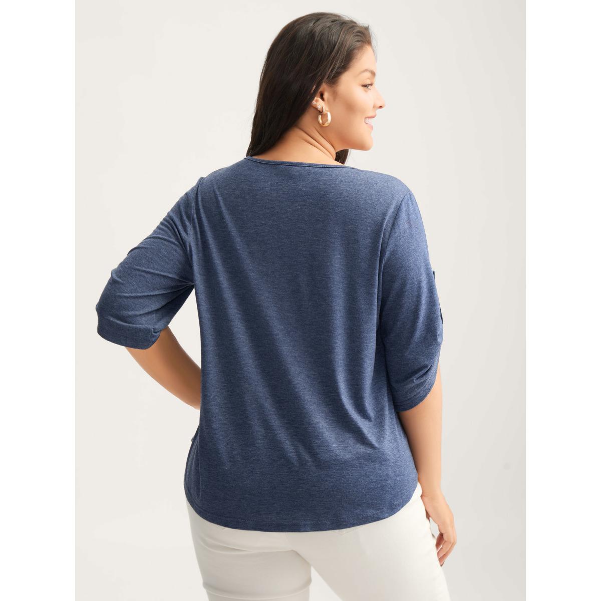 Plus Size Supersoft Tab Sleeve Placket T-Shirt Stone Women Leisure V-neck Casual T-shirts BloomChic 14-16/1X Product Image