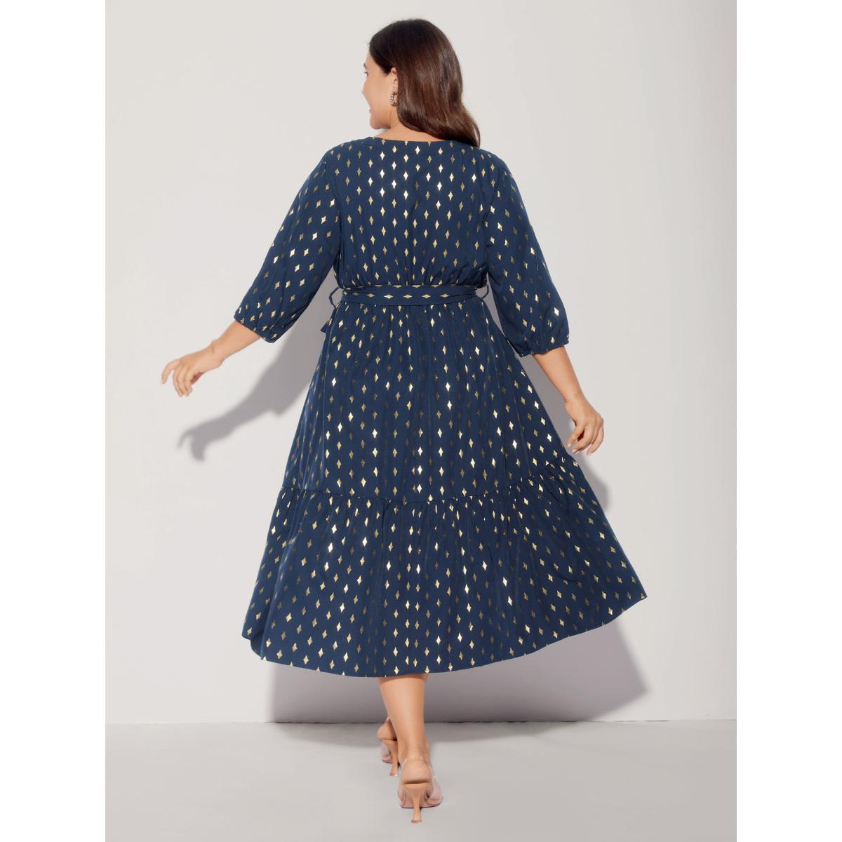 Plus Size Glitter Notched Lantern Sleeve Midi Dress Indigo Women Party&Cocktail Gathered Notched collar Elbow-length sleeve Curvy BloomChic 22-24/3X Product Image