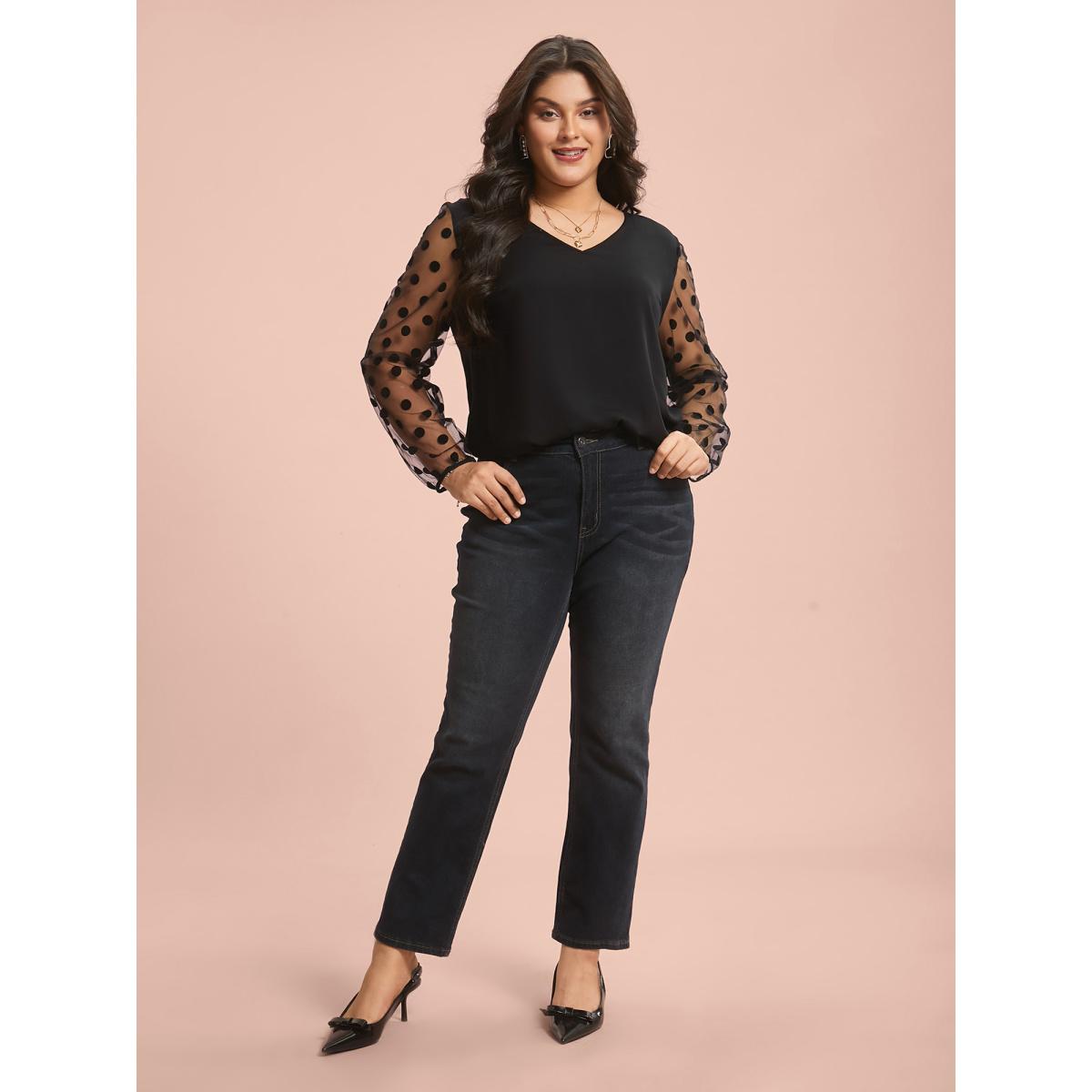 Plus Size Black Polka Dot Sheer Mesh Sleeve Spliced Blouse Women Elegant Long Sleeve Round Neck Everyday Blouses BloomChic 10/M Product Image