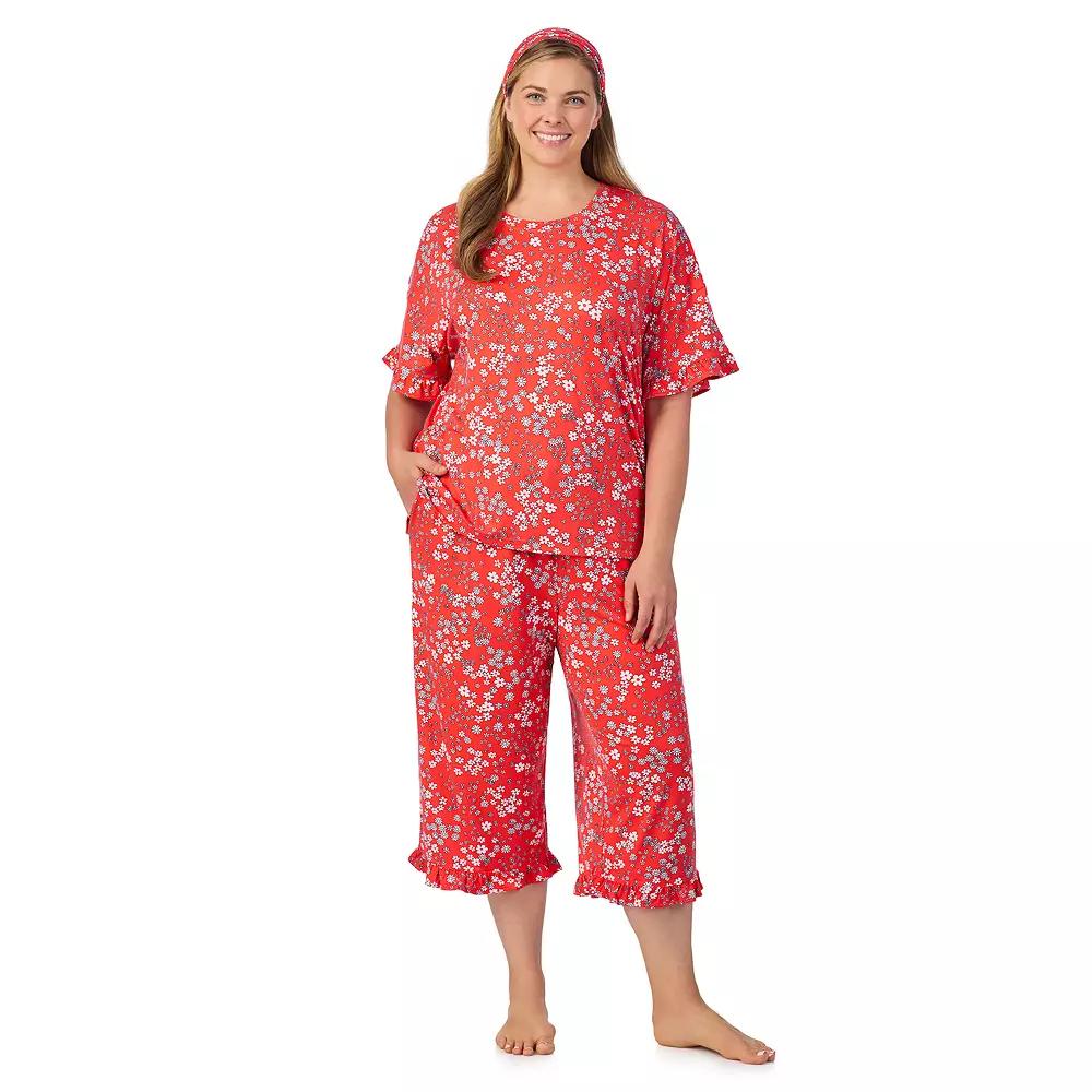Plus Size Cuddl Duds® 3-Piece Short Sleeve Pajama Top, Cropped Pajama Pants & Headband Set, Women's, Size: 1XL, Pink Disty Product Image