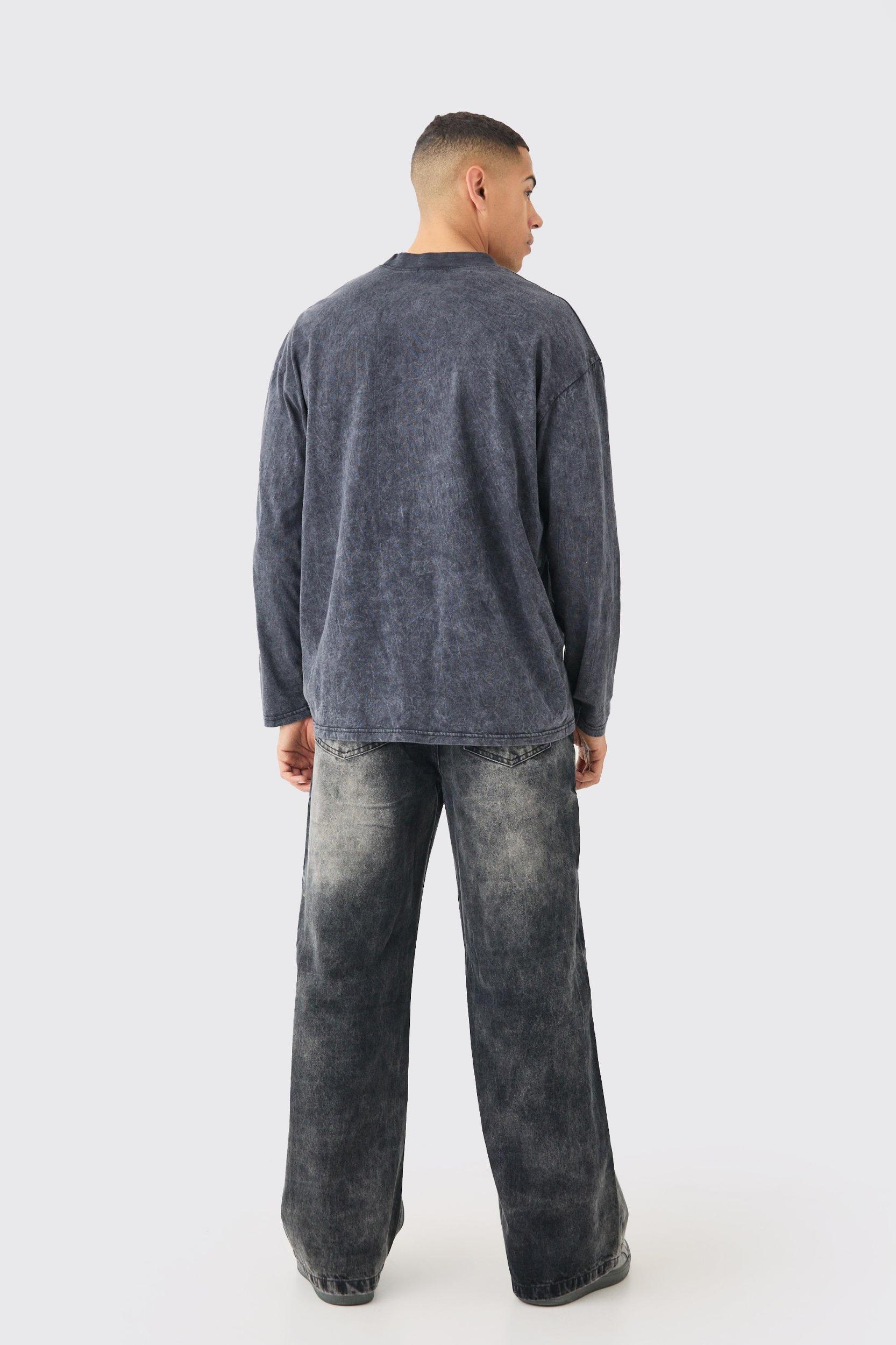 Extreme Super Baggy Acid Wash Jeans In Washed Black | boohooMAN USA Product Image