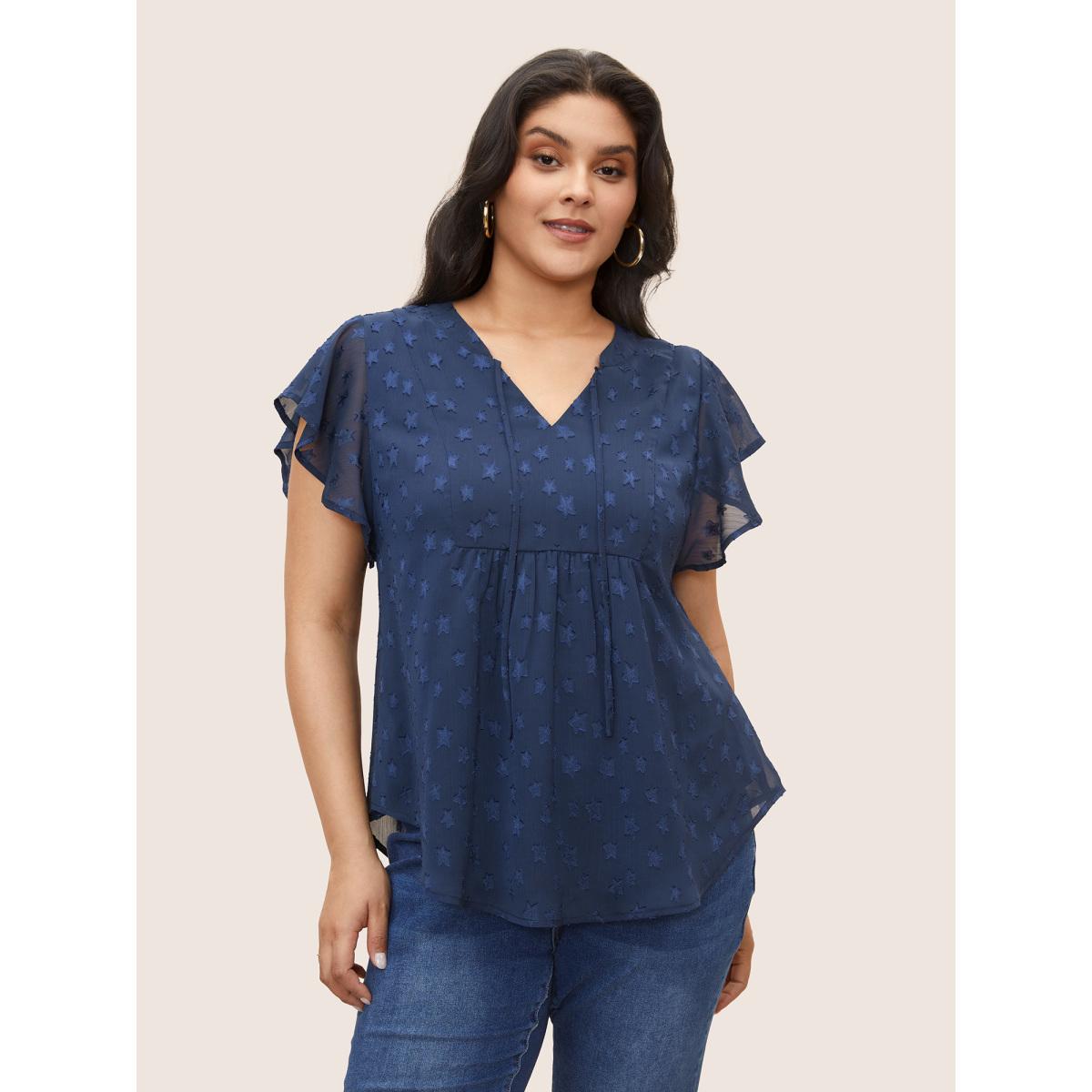 Plus Size Burgundy Star Mesh Gathered Ruffle Sleeve Blouse Women Timeless Cap Sleeve V-neck Elegant Blouses BloomChic 22-24/3X Product Image