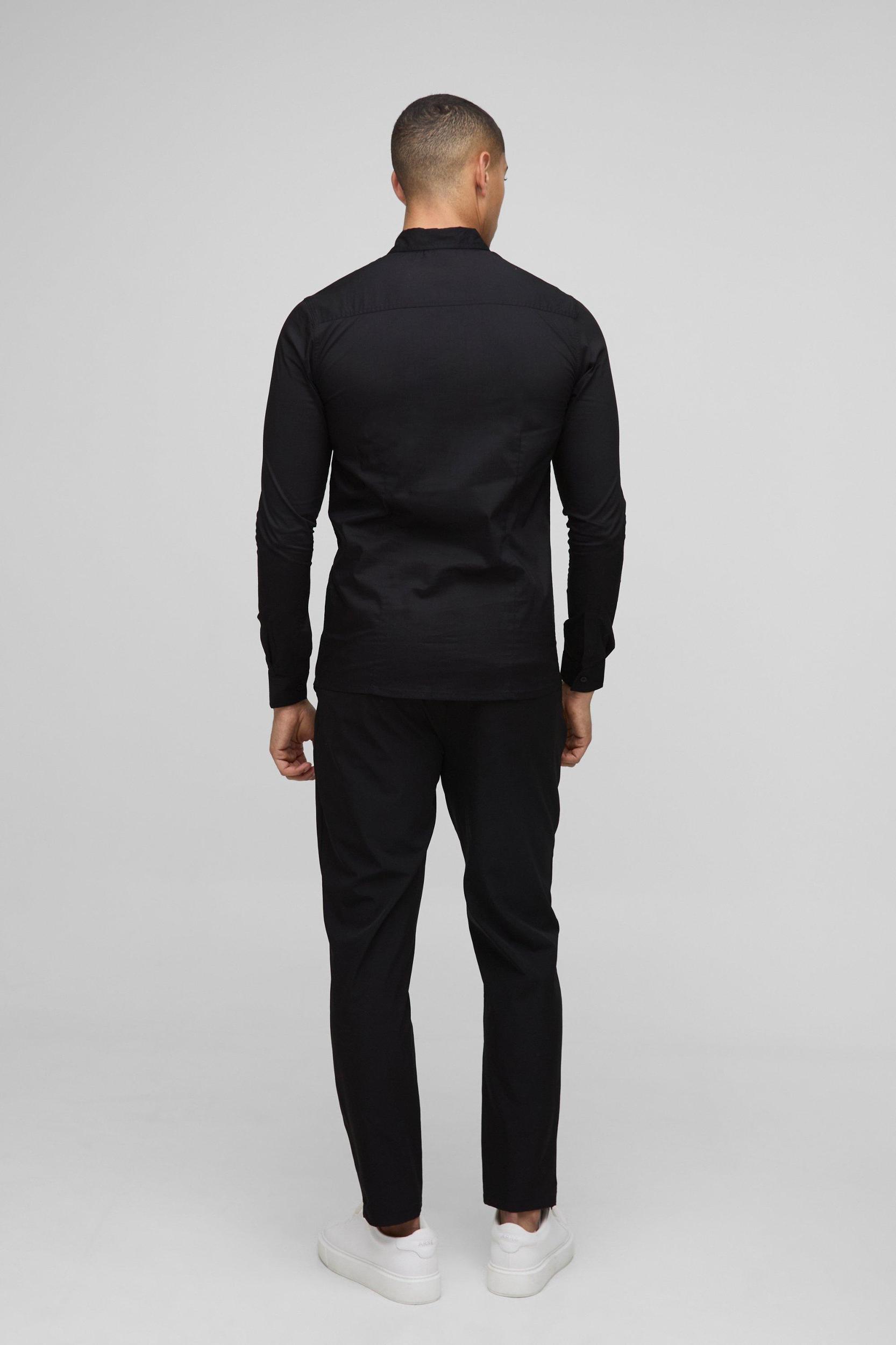 Stretch Fit Basic Long Sleeve Collared Shirt | boohooMAN USA Product Image