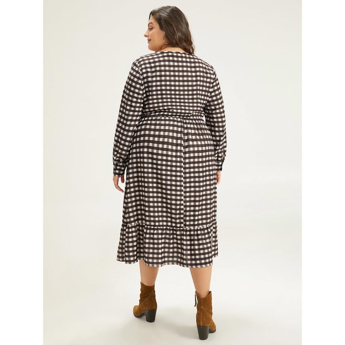 Plus Size Gingham Pocket Elastic Waist Ruffle Hem Dress DarkBrown Women Casual Printed V-neck Long Sleeve Curvy Midi Dress BloomChic 18-20/2X Product Image